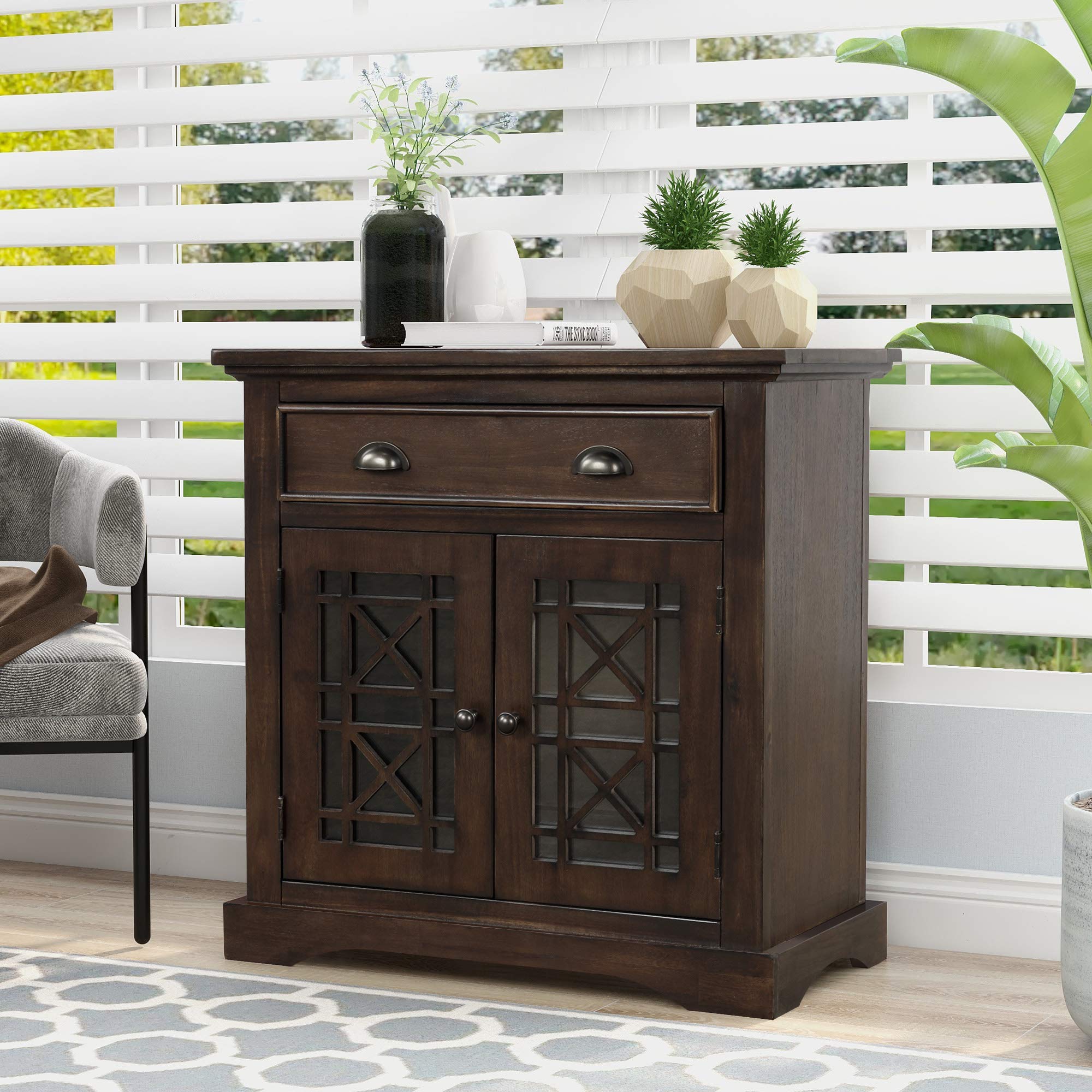 Retro Wood Storage Cabinet with Doors & Drawers - Espresso 29