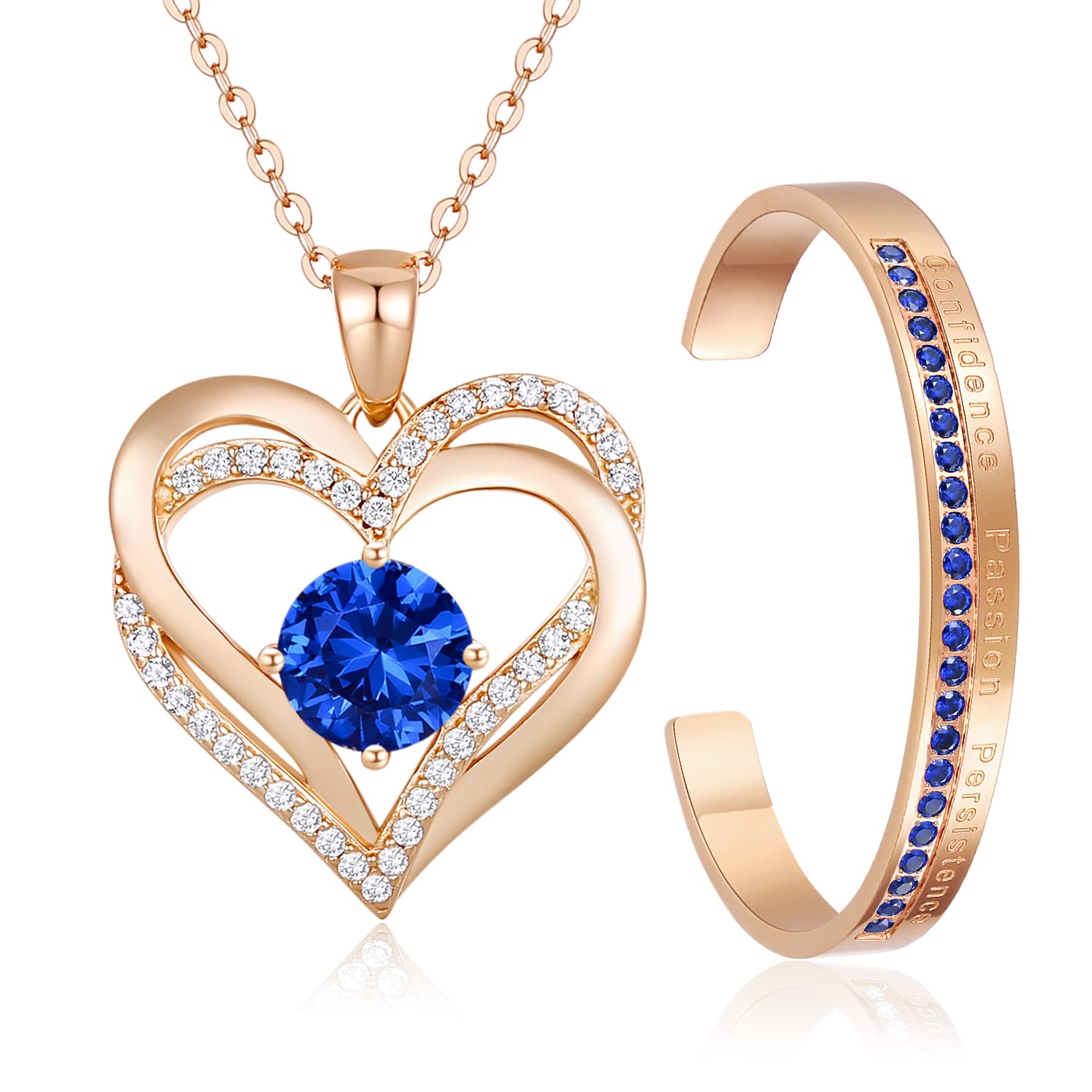 LOUISA SECRET Sterling Silver Birthstone Jewelry Set for Women - Heart Pendant Necklace & Bangle Bracelet Gift Set | Perfect Birthday, Christmas, Anniversary Gift for Her, Girlfriend, Wife | Elegant Everyday Wear & Special Occasion Jewelry
