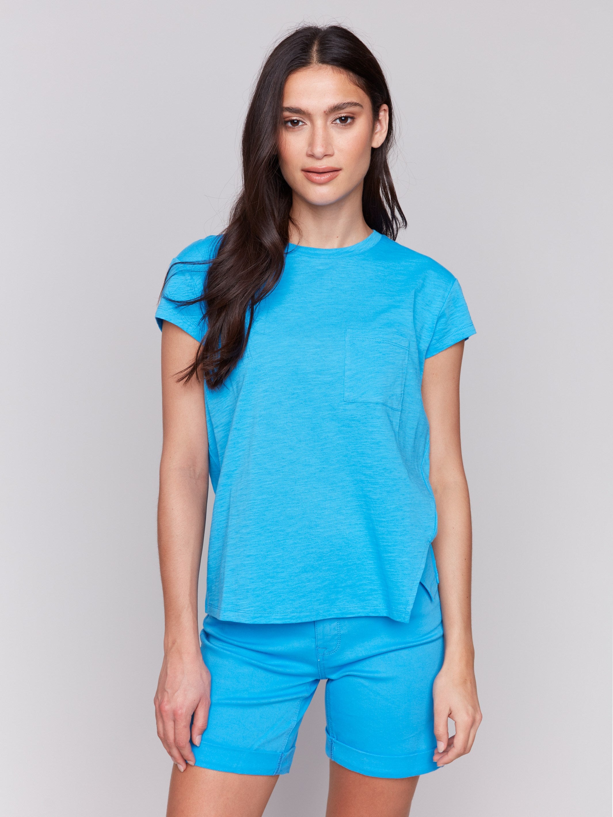 Organic Cotton Cap Sleeve T-Shirt with Slit Detail | Women's Casual Tee | Lagoon Blue | Perfect for Yoga, Beach & Everyday Wear