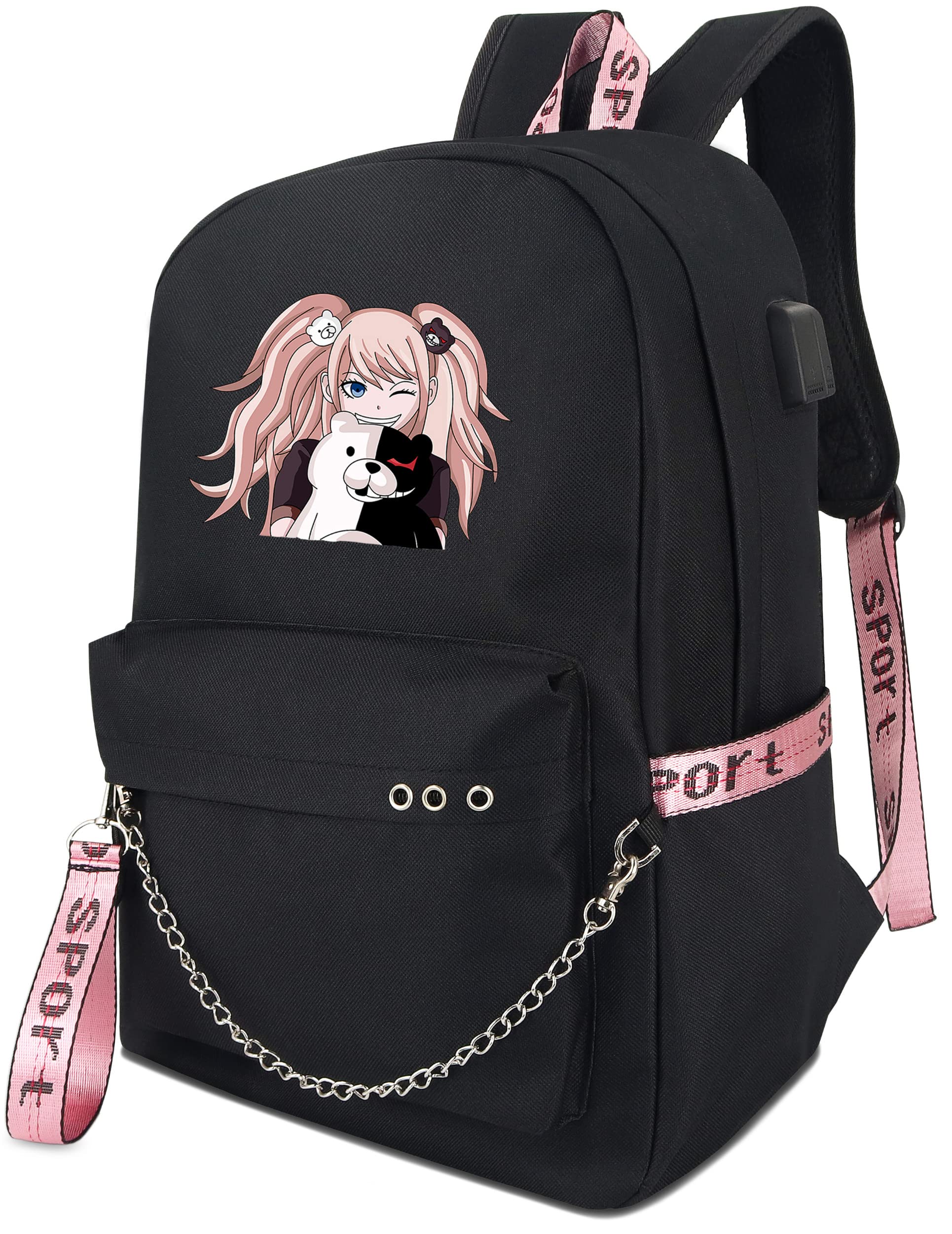 Roffatide Anime Backpack - Junko Enoshima Cosplay Book Bag with USB Charging Port & Headphone Jack - Perfect for School, Laptop Carry & Convention Cosplay