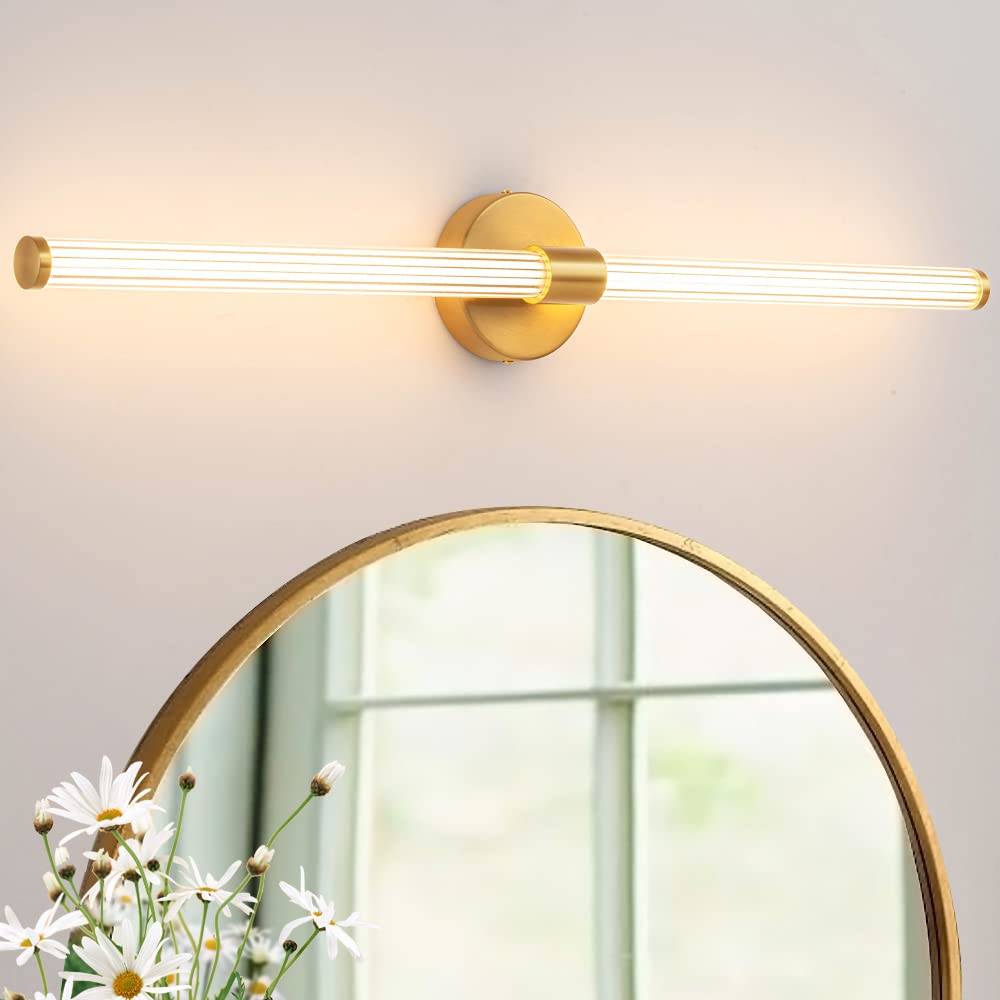 Dimmable LED Bathroom Vanity Light Fixtures - 30 Inch Gold Modern Wall Sconce, 360° Full Lighting for Mirror, Warm White Adjustable Brightness - Perfect for Bathroom, Bedroom & Living Room Vanity Makeup Area