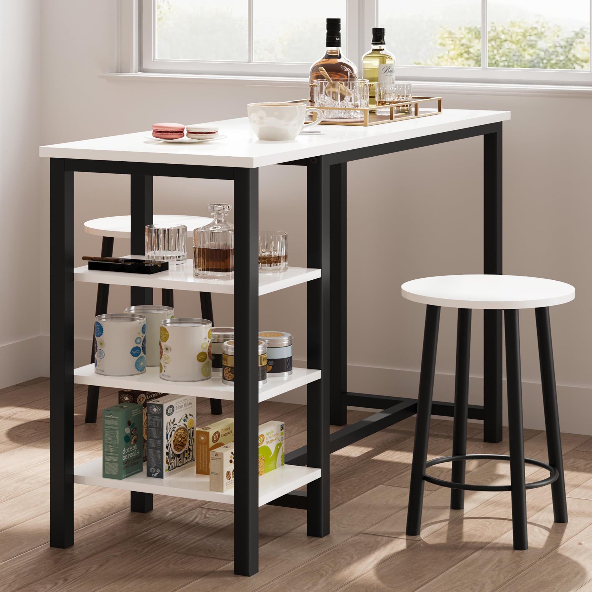 **White & Black 3-Piece Counter Height Dining Set with 2 Stools & 3 Storage Shelves - Space-Saving Bar Table for Small Apartments, Kitchens, Breakfast Nooks & Studio Living**