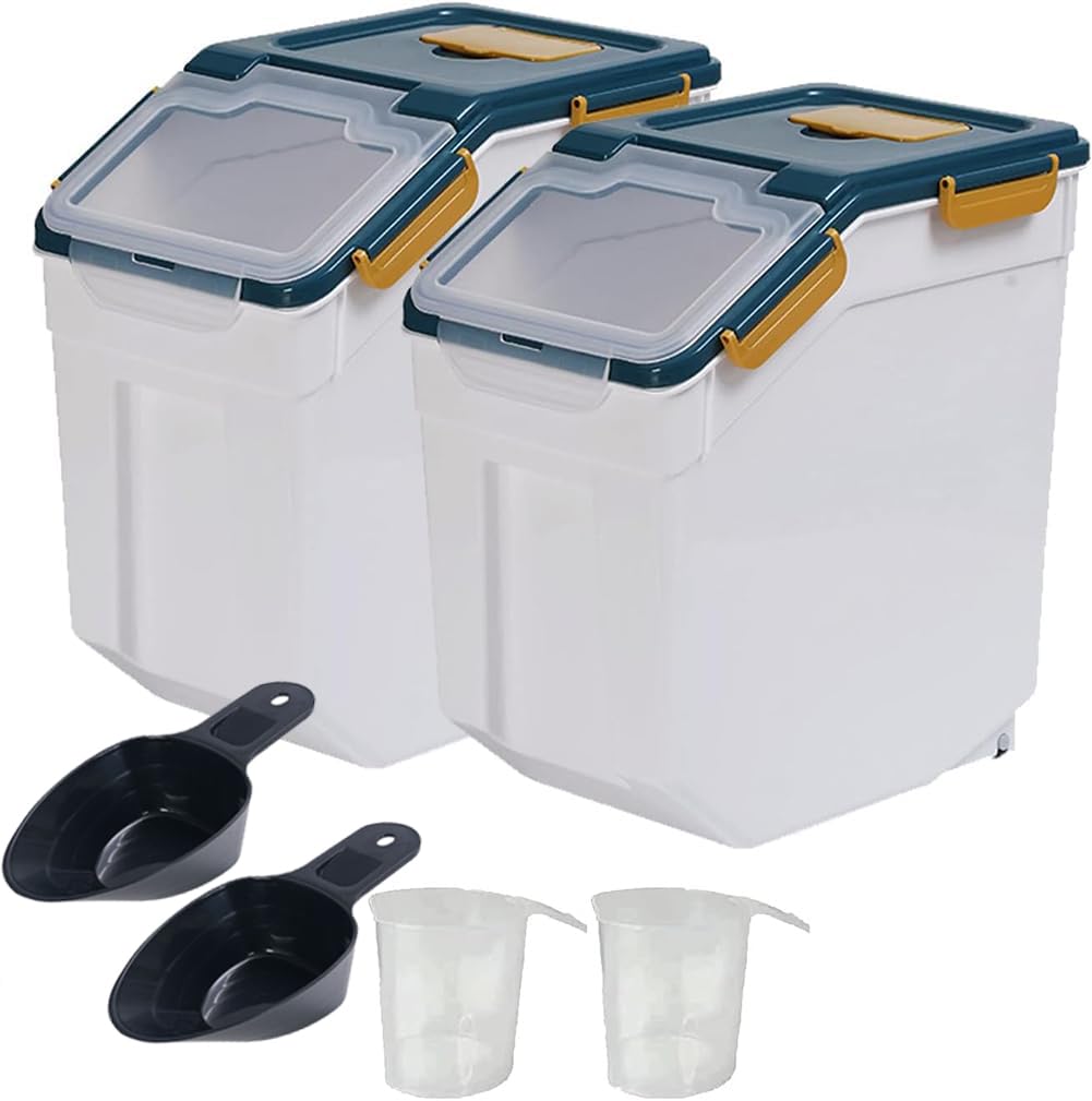 2-Pack Airtight Plastic Pet Food Storage Containers with Lids, Scoop & Wheels - Perfect for Dog, Cat Food, Rice, Grain, Flour - Ideal for Kitchen Pantry Organization & Bulk Food Storage (Blue)