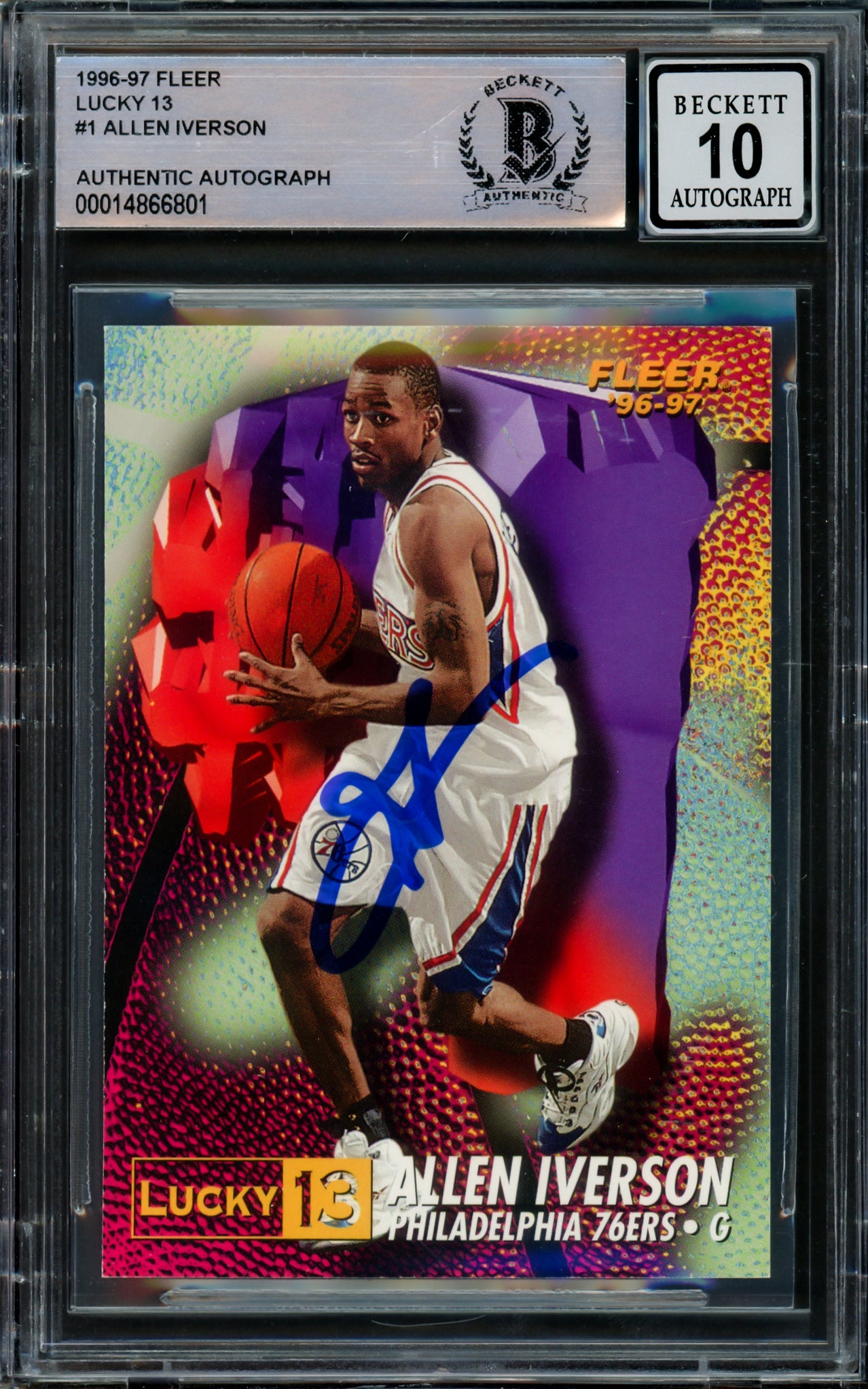 Allen Iverson Autographed 1996-97 Fleer Lucky 13 Rookie Card #1 Philadelphia 76ers Beckett BAS Gem Mint 10 - Rare Collectible Basketball Memorabilia for Fans & Investors #14866801