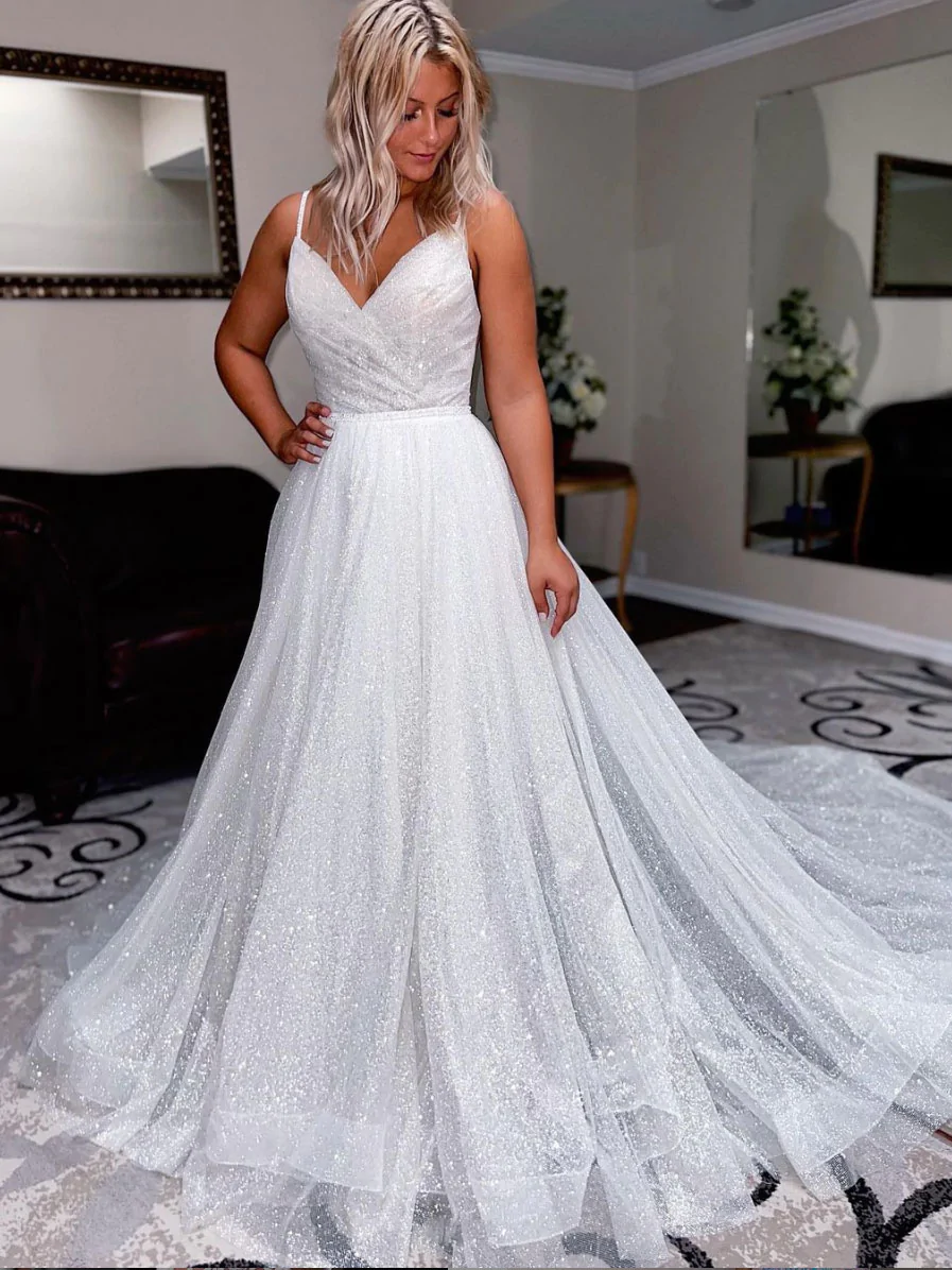 Sparkling White Sequin Prom Dress V-Neck Long Spaghetti Straps Evening Gown for Homecoming, Pageant, and Formal Events