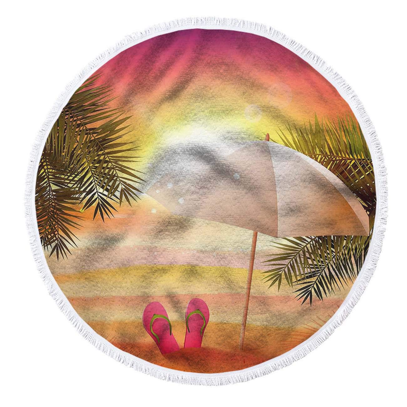 Premium Microfiber Round Beach Towel with Tassels - 63 Inch Large Sunset Design Blanket for Women, Includes Matching Slippers & Umbrella - Perfect for Beach Vacations, Poolside Lounging & Summer Getaways