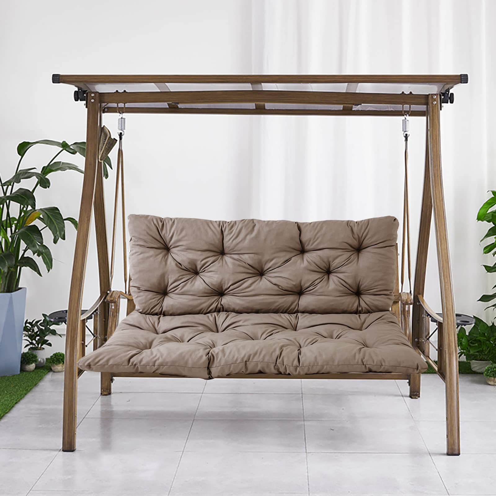 ZRYBH 3-Seater Outdoor Swing Replacement Cushions - Waterproof Thick Bench Seat Pads with Backrest for Patio, Garden & Loveseat Furniture (Khaki, 59x39 Inches) - Perfect for Relaxing on Porch Swings, Hammocks & Outdoor Lounging
