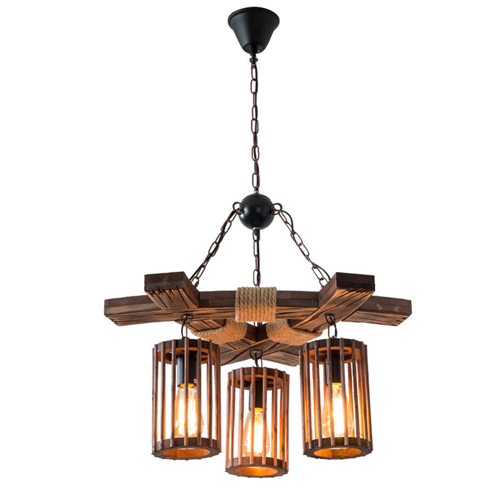 6-Light Industrial Wooden Hanging Chandelier - Black Metal Farmhouse Vintage Pendant Light with Adjustable Height - Perfect for Kitchen Island, Dining Room, Bar, Pool Table & Retro Ceiling Lighting
