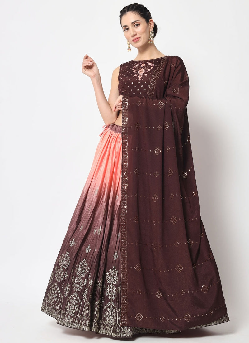 Designer Brown & Peach Ombre Foil Print Embroidered Lehenga Choli for Women - Traditional Indian Bridal Wear, Wedding Party Outfit, Festive Ethnic Dress (D225) | Perfect for Weddings, Festivals & Special Occasions
