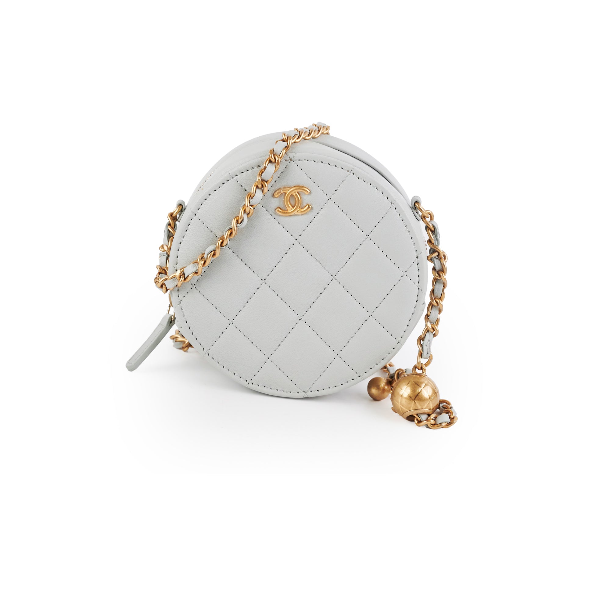 Chanel Round Pearl Crush Clutch With Chain - Grey Lambskin Leather Crossbody Bag for Women | Elegant Evening Party & Wedding Accessory
