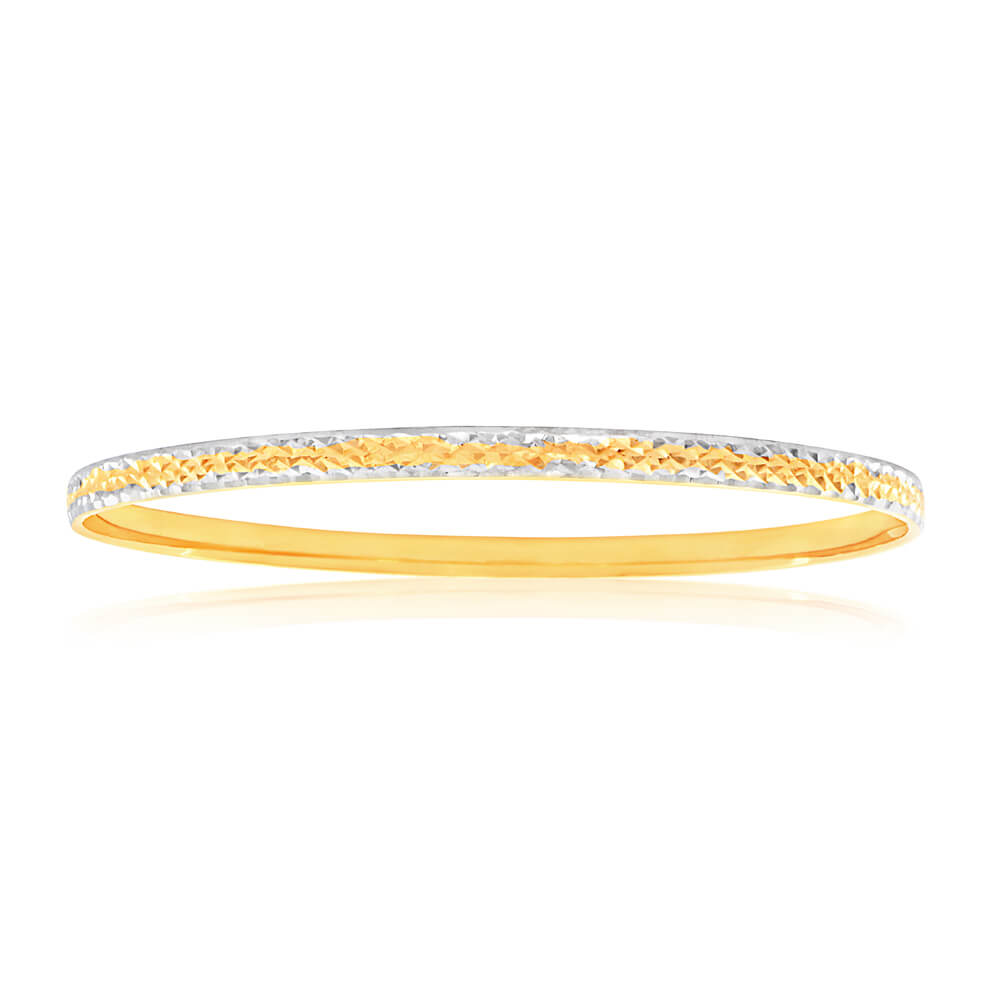 9ct Yellow Gold & Rhodium Plated Diamond Cut Bangle Bracelet for Women - Perfect for Weddings, Anniversaries & Special Occasions