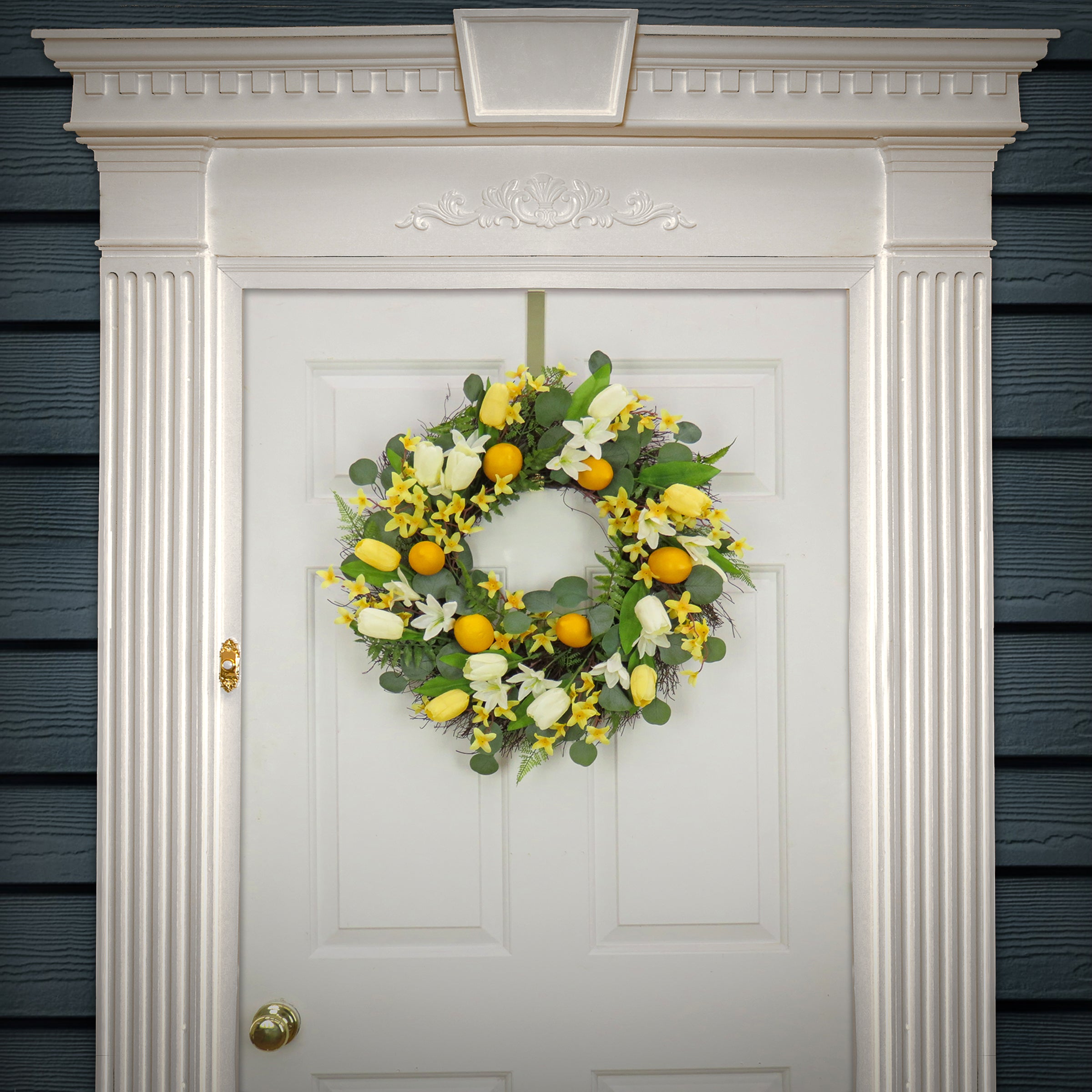 22 Inch Spring Wreath with Yellow Tulips, Lemons & Forsythia Flowers - Elegant Front Door Decor for Easter, Home Entryway & Seasonal Wall Hanging