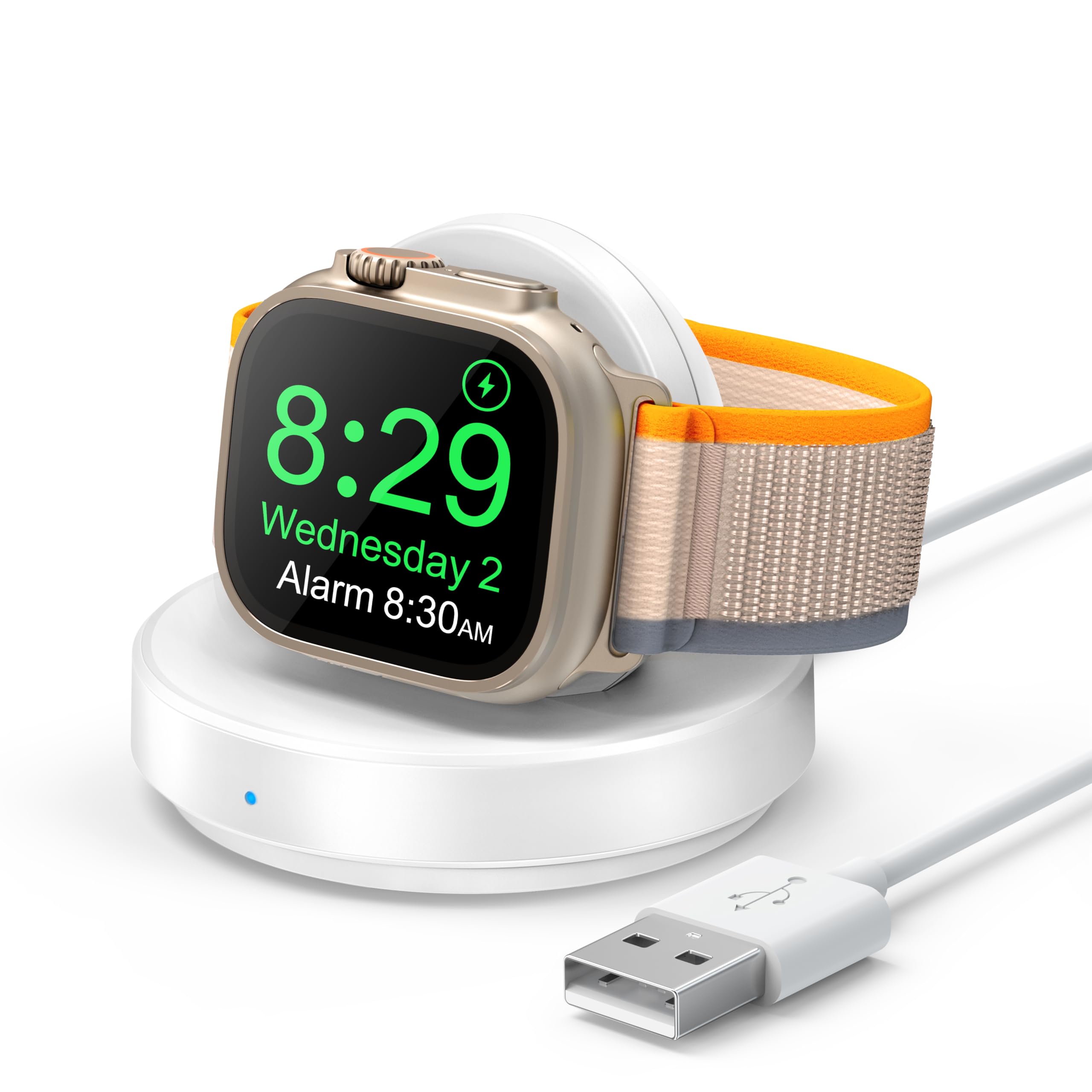 **Wireless Charger for Apple Watch Series 9/8/7/6/5/4/3/2/SE & Ultra | Portable Magnetic Charging Stand with Cable | Fast & Secure Charging Dock | Perfect for Travel, Office & Nightstand Use - White**