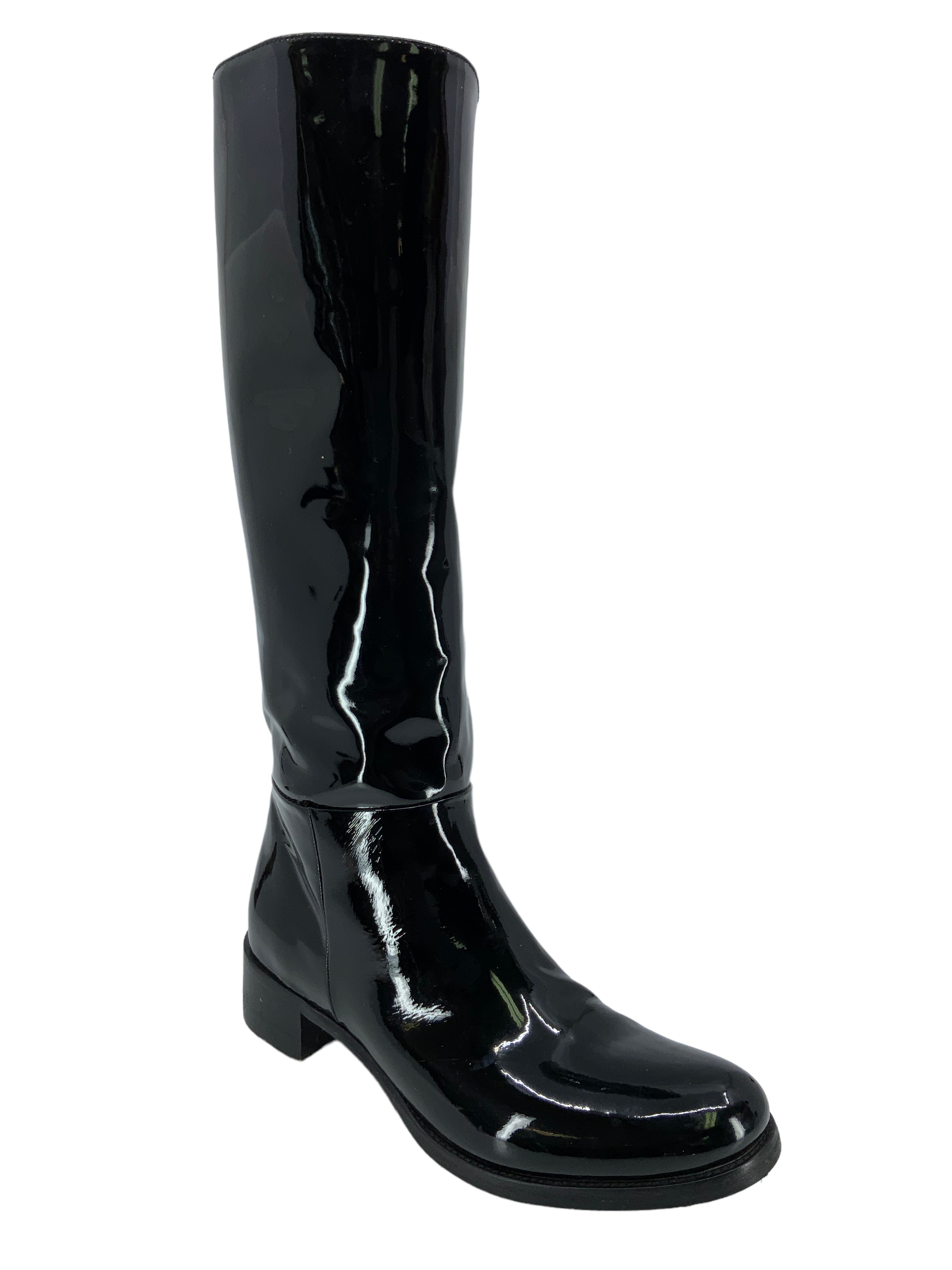 PRADA Patent Leather Mid Calf Boots Women's Size 6.5 - Stylish Knee High Fashion Boots for Office, Party & Winter Outfits