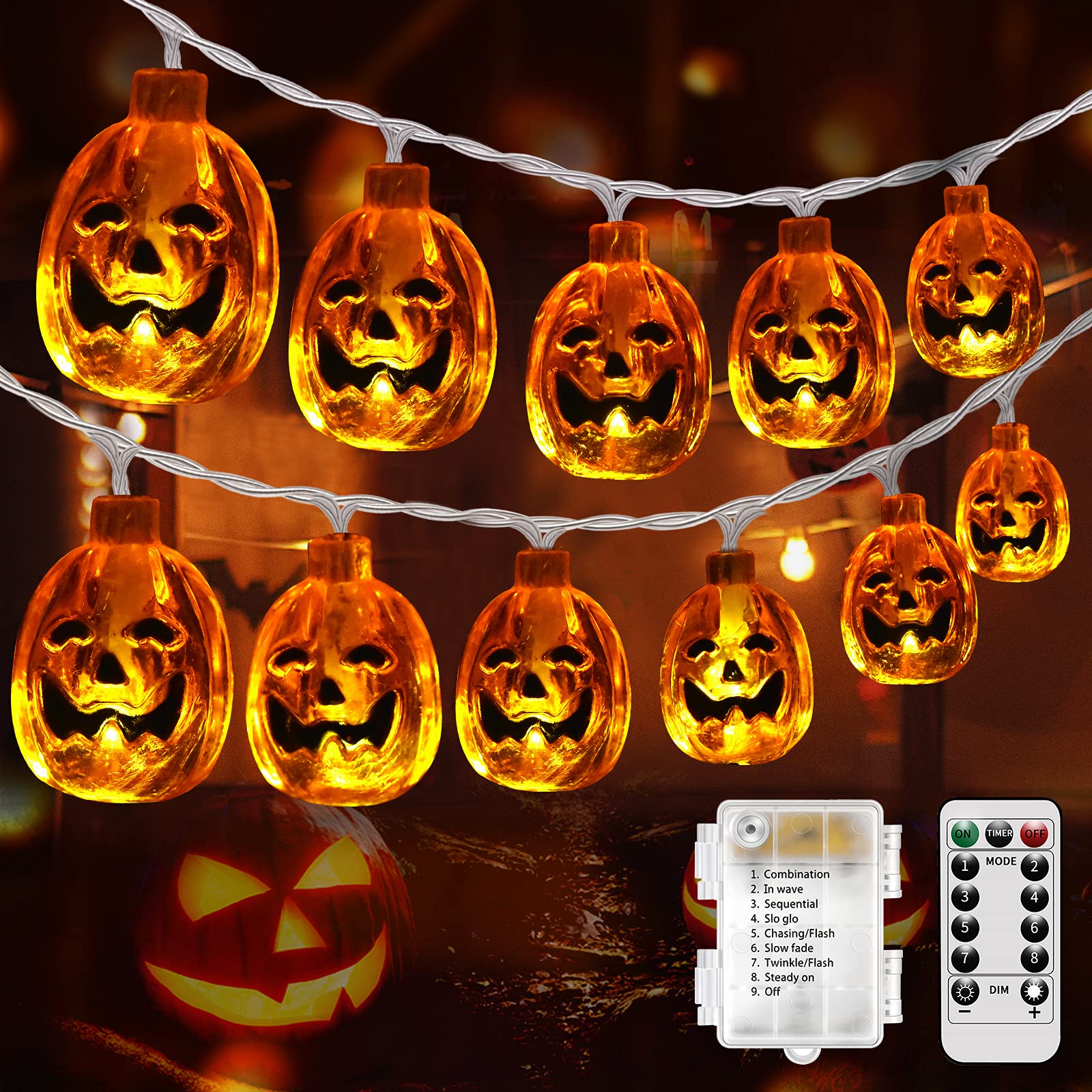 Halloween Pumpkin LED String Lights - 2 Pack, Waterproof, Remote, 8 Modes for Indoor/Outdoor, Garden, Party Decor