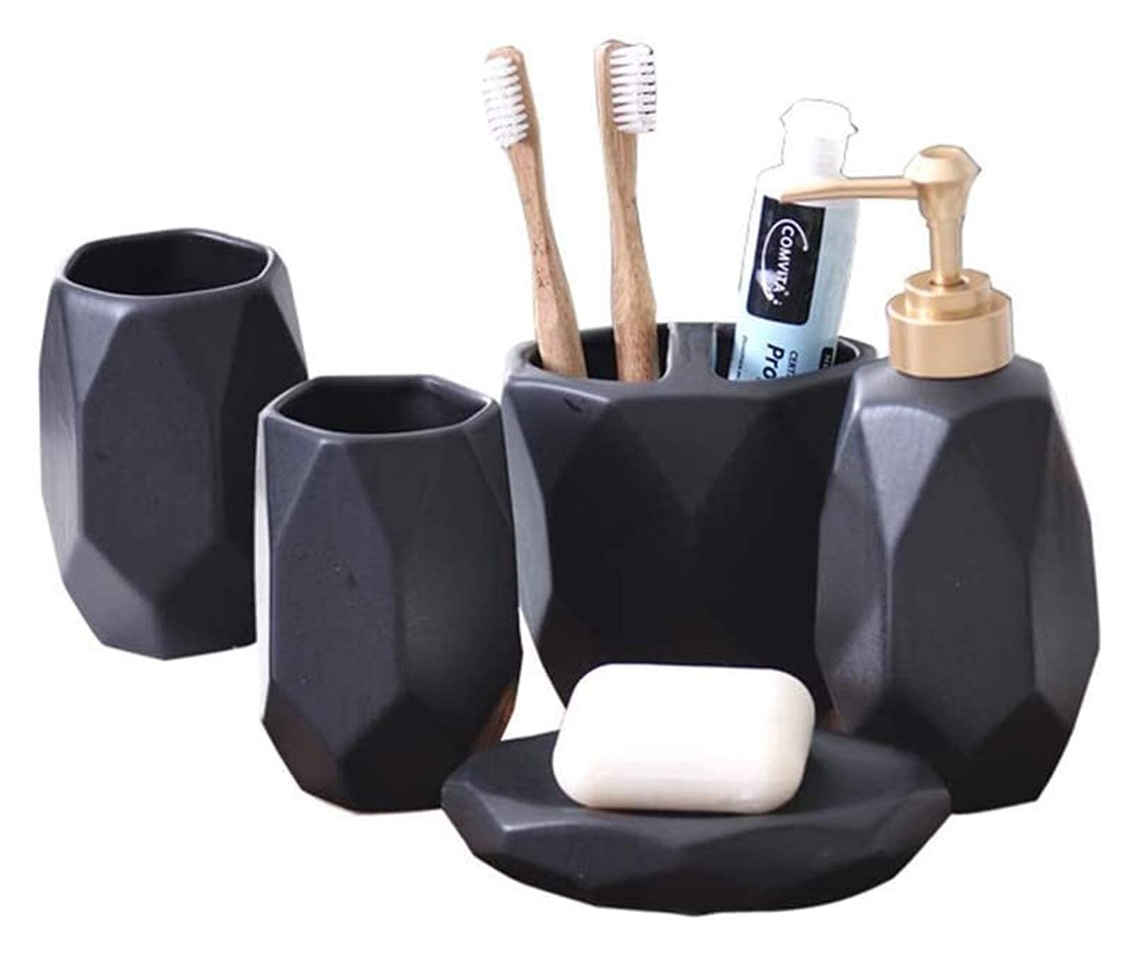 Premium Ceramic Bathroom Accessory Set - 5-Piece Soap Dispenser, Toothbrush Holder, Tumbler & Soap Dish for Vanity Countertop | Elegant Hotel Decor & Home Bathroom Organization