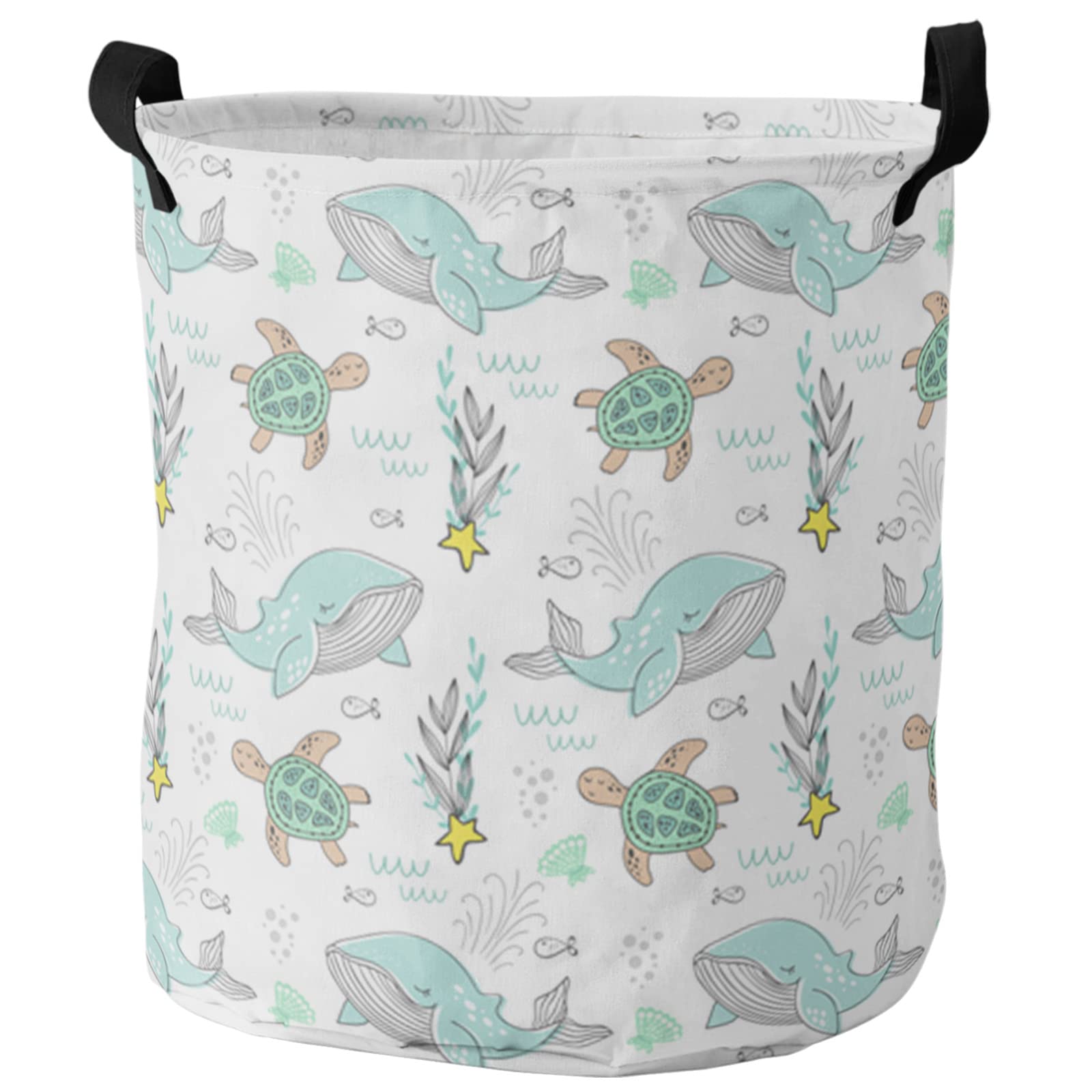 Cute Ocean Cartoon Animals Laundry Basket - Collapsible Waterproof Hamper with Handle for Dirty Clothes Storage | Perfect for Bathroom, Bedroom & Kids Room Decor | Marine Whales & Turtles Design