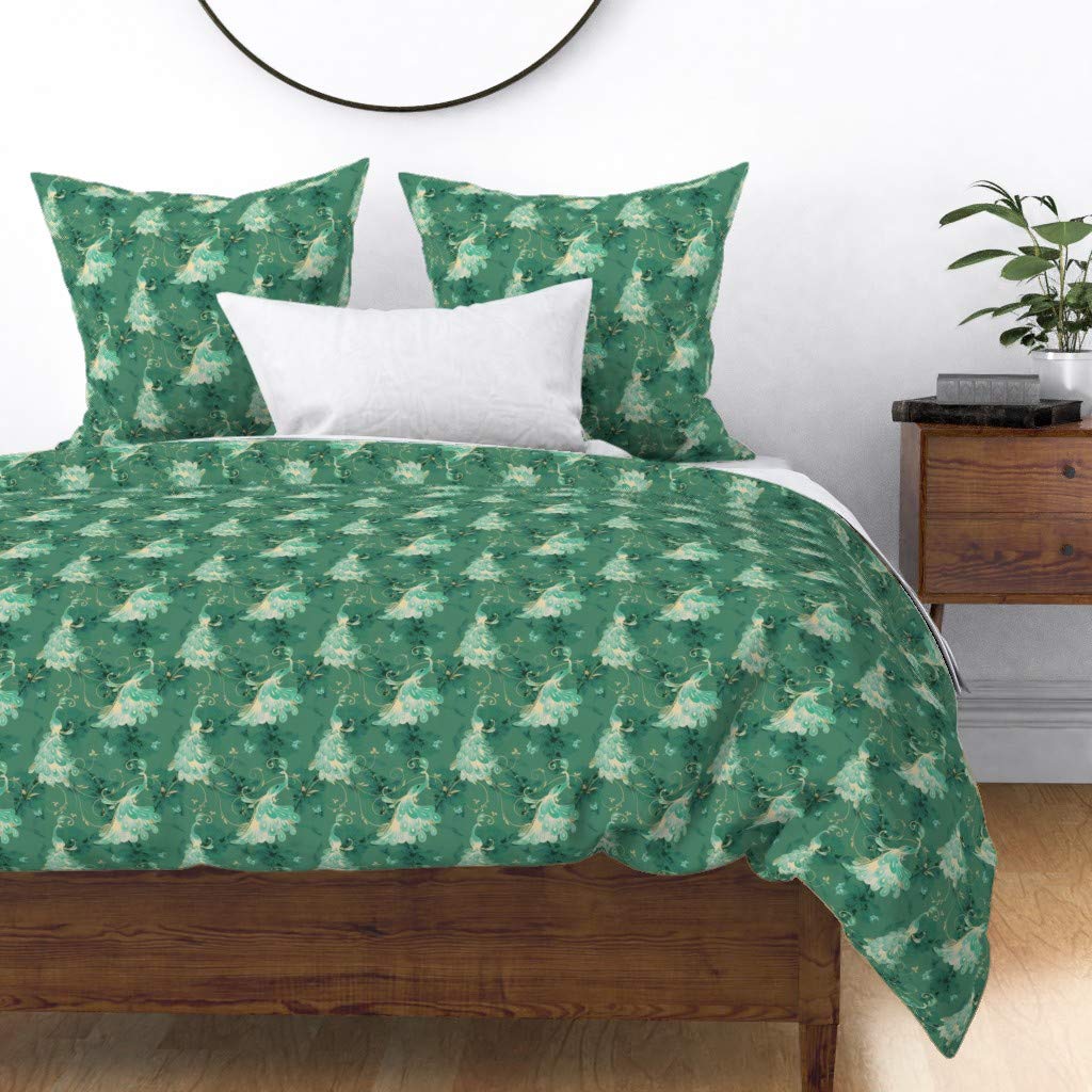 Custom White Peacock Birds Elegant Green Print Cotton Sateen Duvet Cover Full/Queen Size - Premium Bedding Set for Master Bedroom & Guest Room Decor