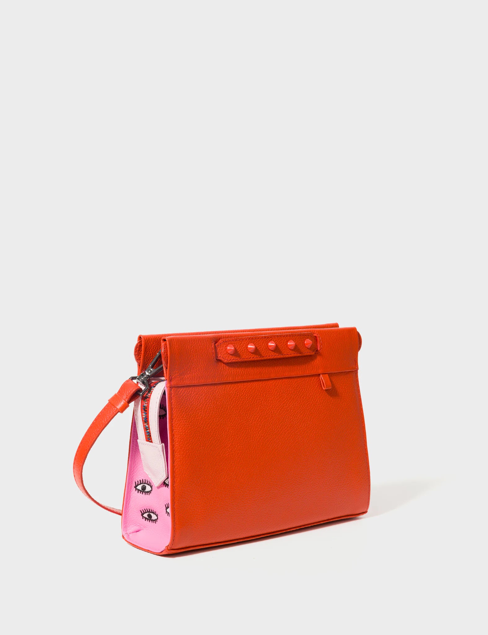 Vali Crossbody Small Leather Bag in Fiesta Red & Bubblegum Pink with All Over Eyes Embroidery - Perfect for Women's Casual Outings, Parties & Travel Accessories