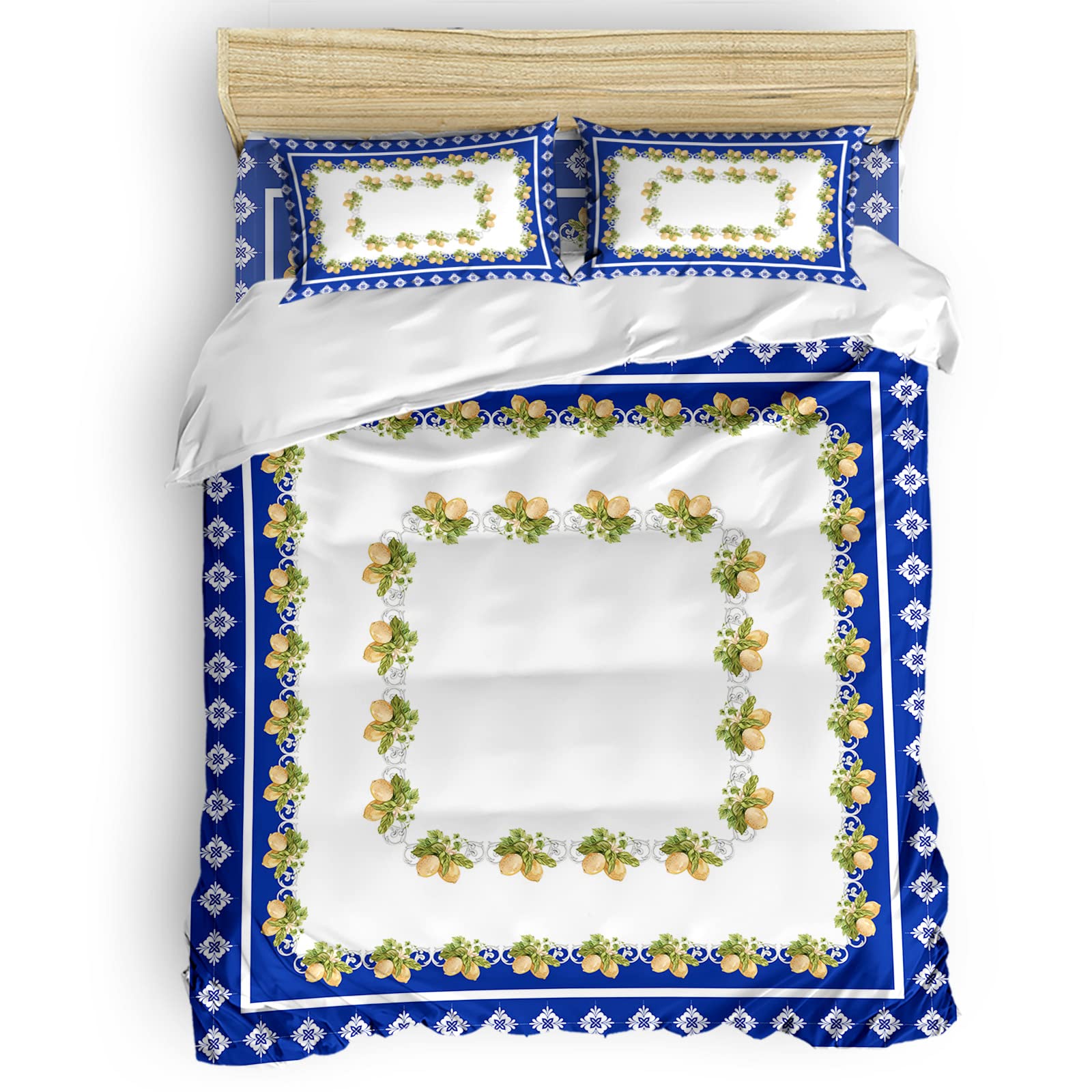 Funy Decor Lemon with Leaves Duvet Cover Set - 4 Piece Bedding Set in White & Dark Blue Textured Design for Twin Size Beds | Perfect for Kids' Rooms, Guest Bedrooms & Cozy Home Decor