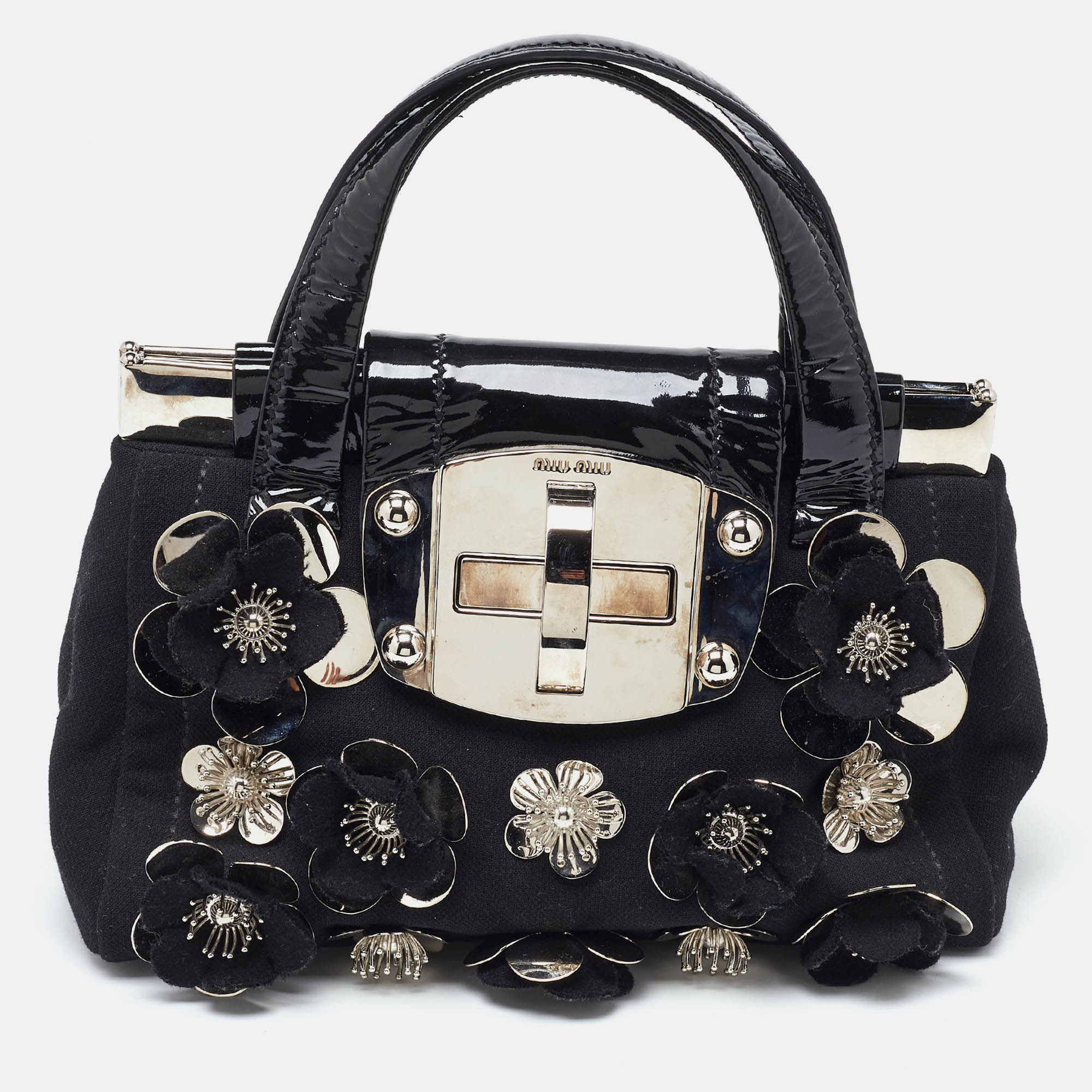 Black Canvas and Patent Leather Flower Embellished Satchel Handbag for Women - Elegant Crossbody Purse for Work, Travel, and Everyday Use