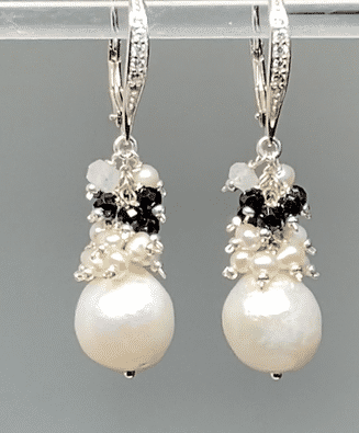 Baroque Style Edison Pearl Cluster Earrings with Black Spinel | Sterling Silver Jewelry for Women | Elegant Gift for Weddings, Parties & Special Occasions