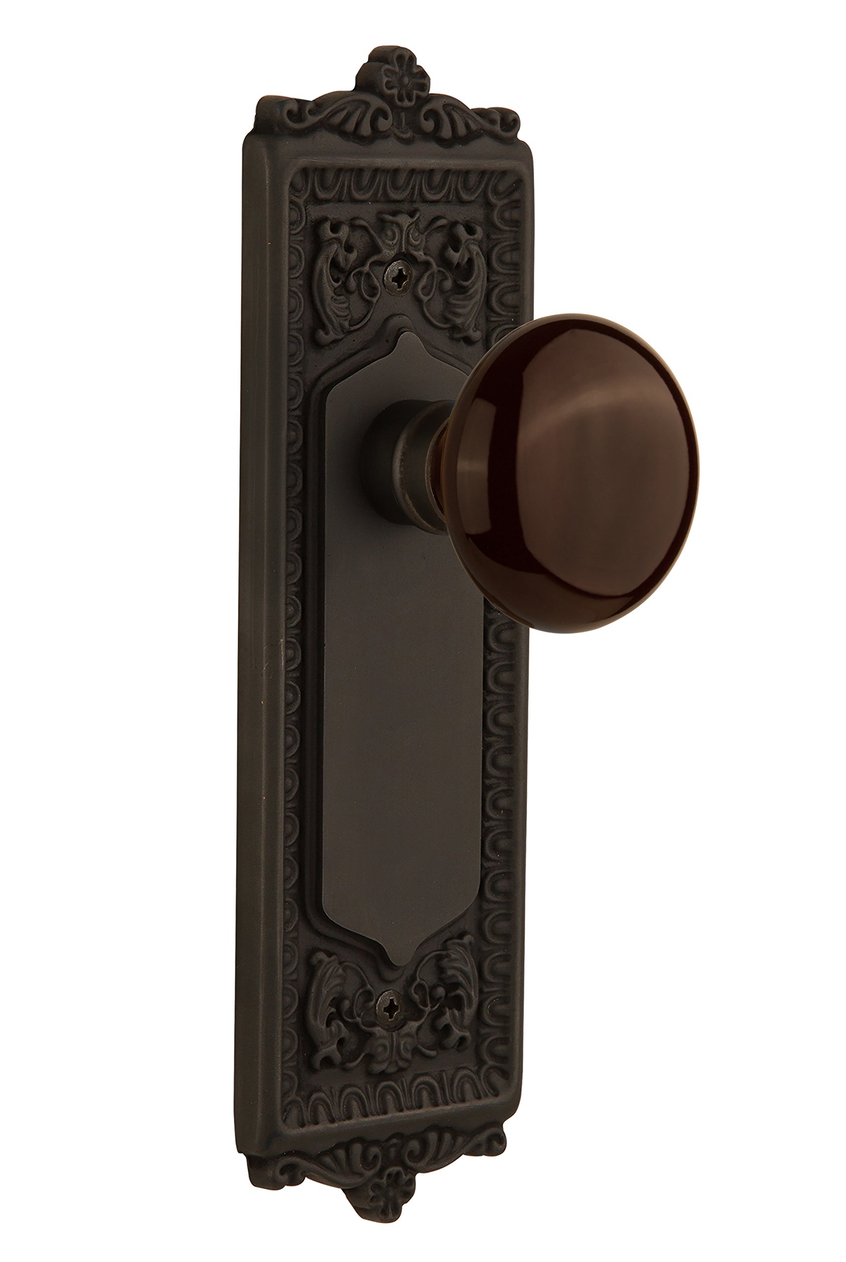 Nostalgic Warehouse 710546 Single Dummy Oil Rubbed Bronze Egg & Dart Plate with Brown Porcelain Knob - Vintage Cabinet Hardware for Kitchen & Bathroom Remodeling