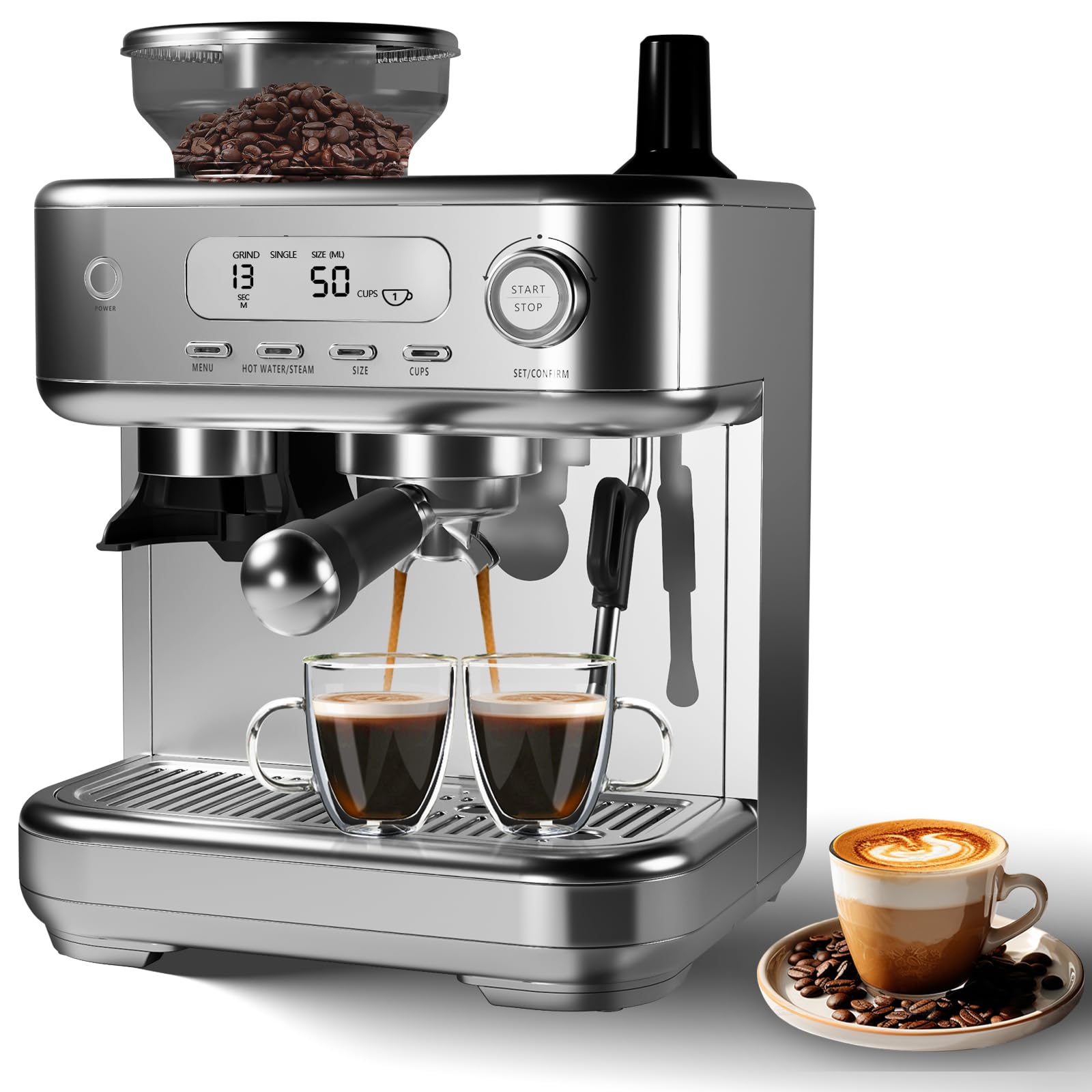 Semi-Automatic Espresso Machine with Built-in Grinder & Milk Frother - 78oz Removable Water Tank, LCD Smart Screen - Perfect for Home Baristas to Make Cappuccinos, Lattes & Specialty Coffee Drinks