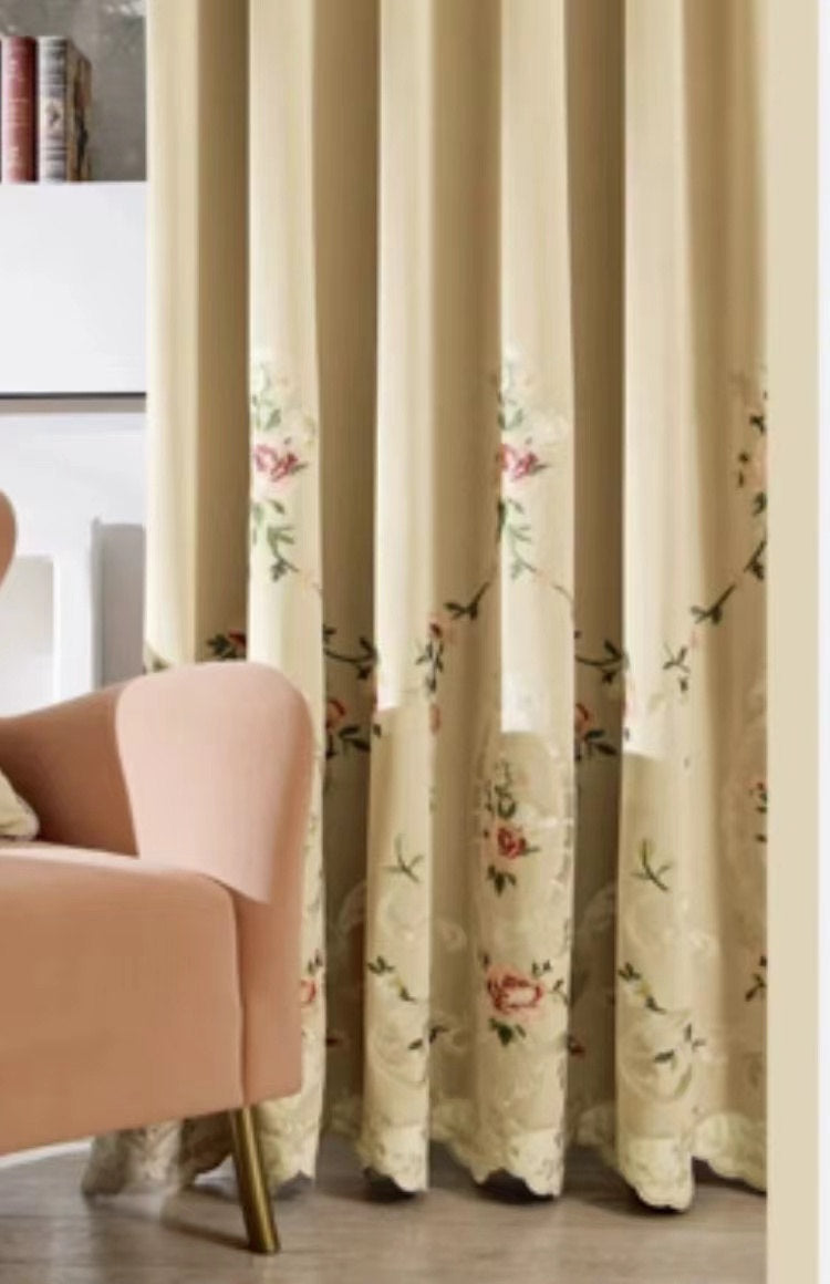 Luxury Velvet Embroidered Curtains for Living Room - Beige Blackout Drapes with Elegant Embroidery, Thermal Insulated Window Treatments for Bedroom & Home Decor