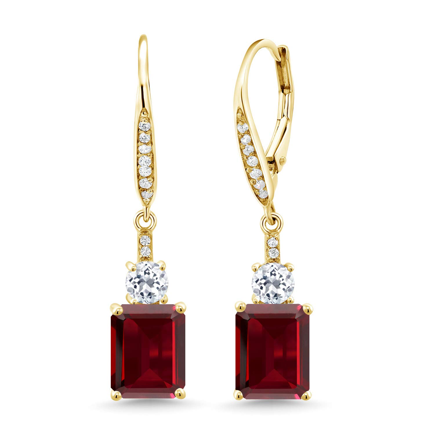 18K Yellow Gold Plated Silver Red Garnet & White Topaz Dangle Earrings for Women - January Birthstone Jewelry (5.88 CTTW, Emerald Cut 9x7mm) | Elegant Gift for Birthday, Anniversary & Special Occasions