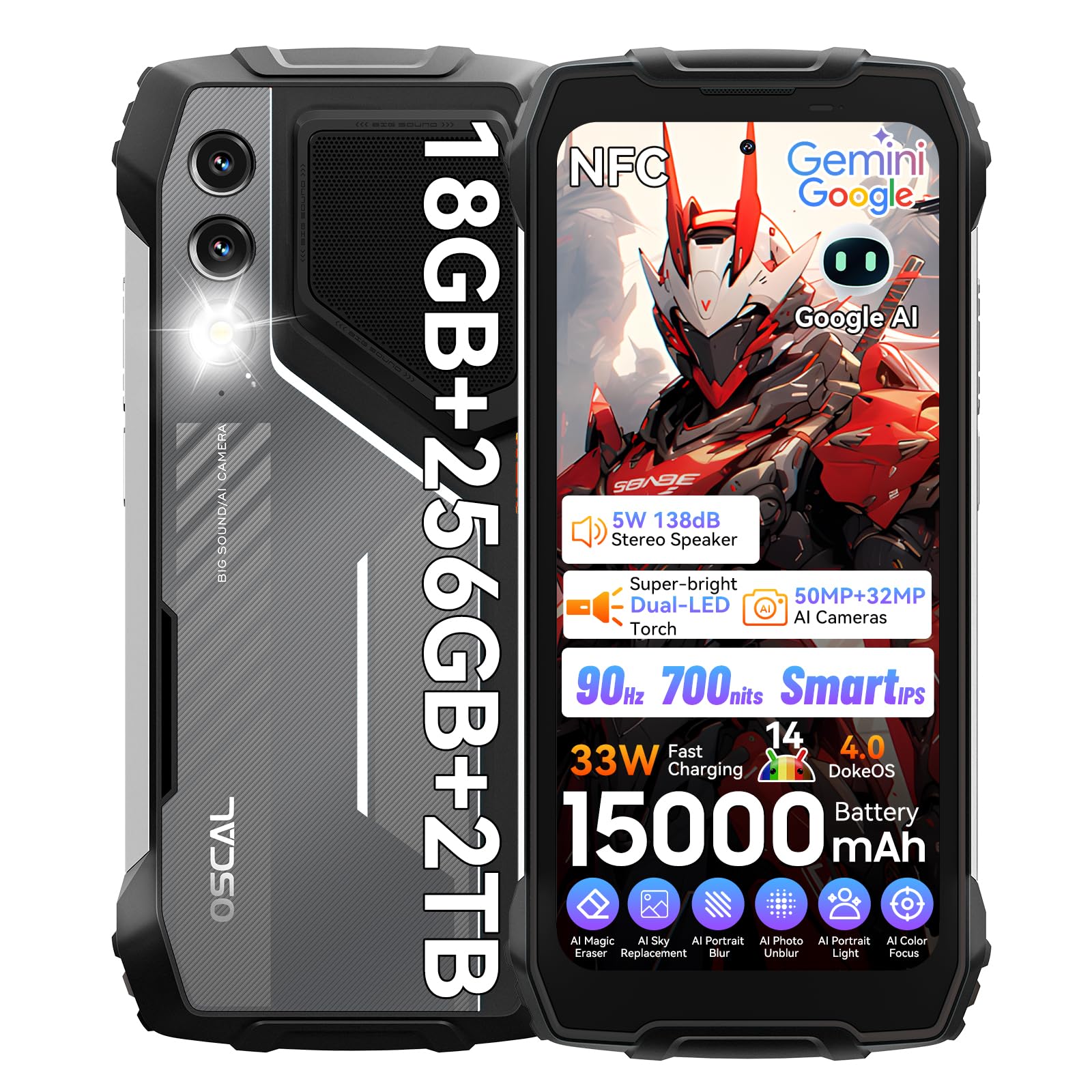 OSCAL Pilot 1 Rugged Smartphone - 15000mAh Battery, 33W Fast Charging, IP69K Military Grade, Android 14 with Gemini AI, 18GB RAM + 256GB/2TB Expandable Storage, Dual SIM, 6.67