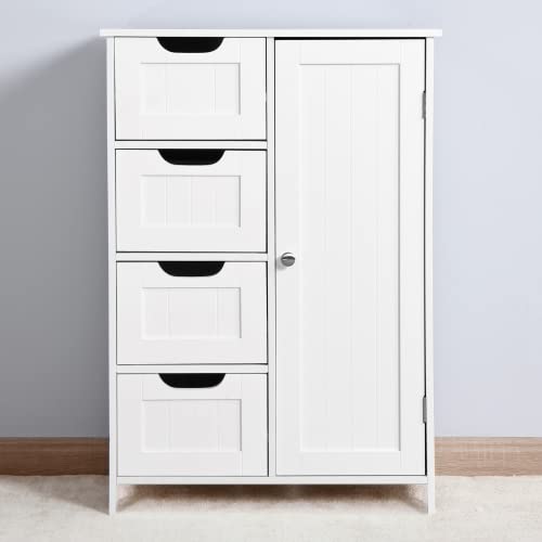 AWQM White Bathroom Storage Cabinet - Standing Wooden Floor Cabinet with 4 Drawers & 2-Tier Door Shelf - Perfect for Bathroom Organization, Entryway Storage, Toy Closet & Home Decor