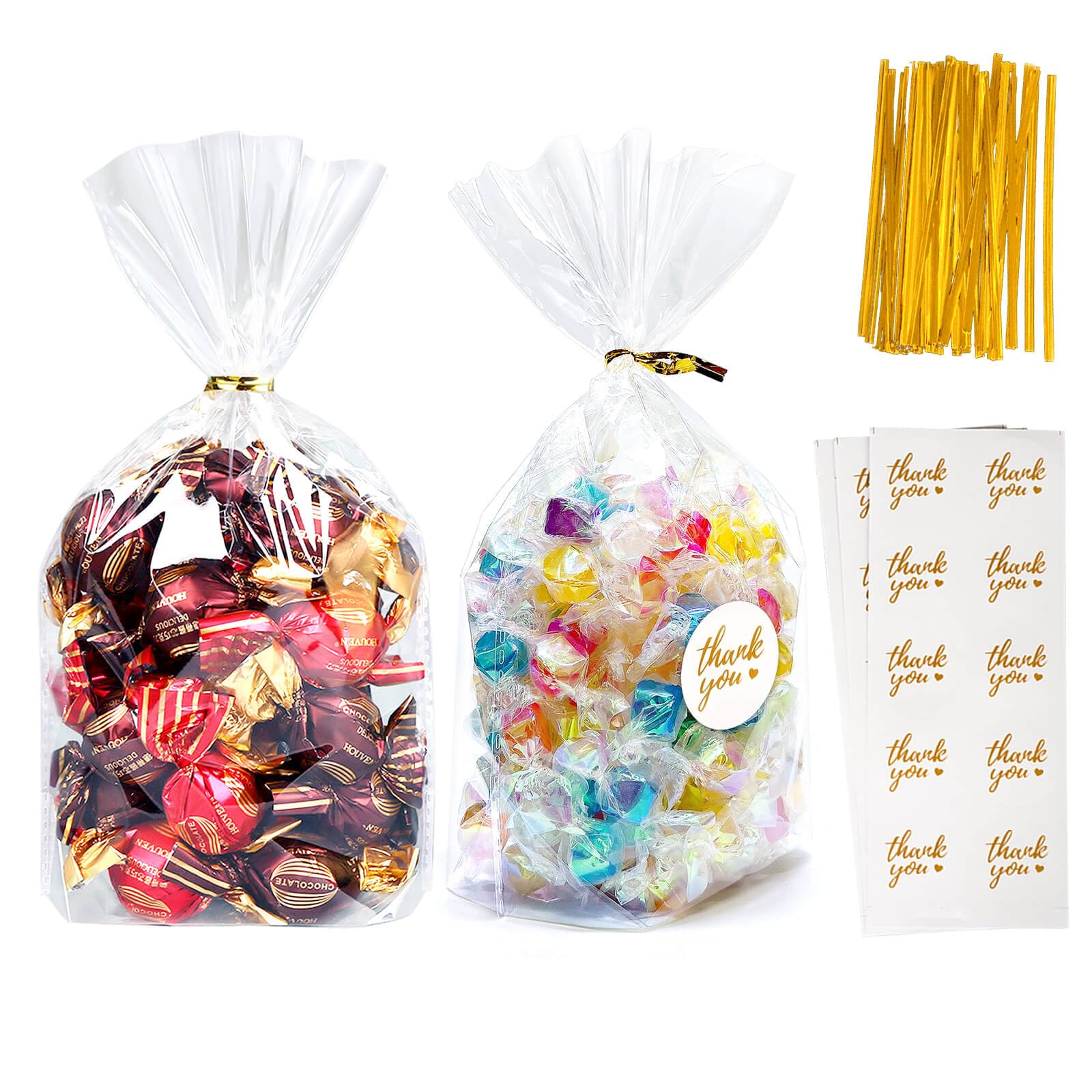 6x9 Inch Clear Cellophane Treat Bags with Ties (100 Pack) - Bottom Gusset Gift Bags for Candy, Cookies, Chocolates & Popcorn | Perfect for Birthday Parties, Baby Showers & Wedding Favors