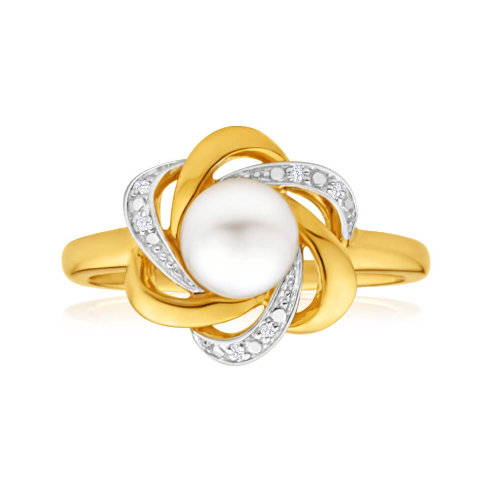 9ct Yellow Gold Diamond and Pearl Ring for Women - Elegant Jewelry Gift for Anniversary, Engagement, or Special Occasions