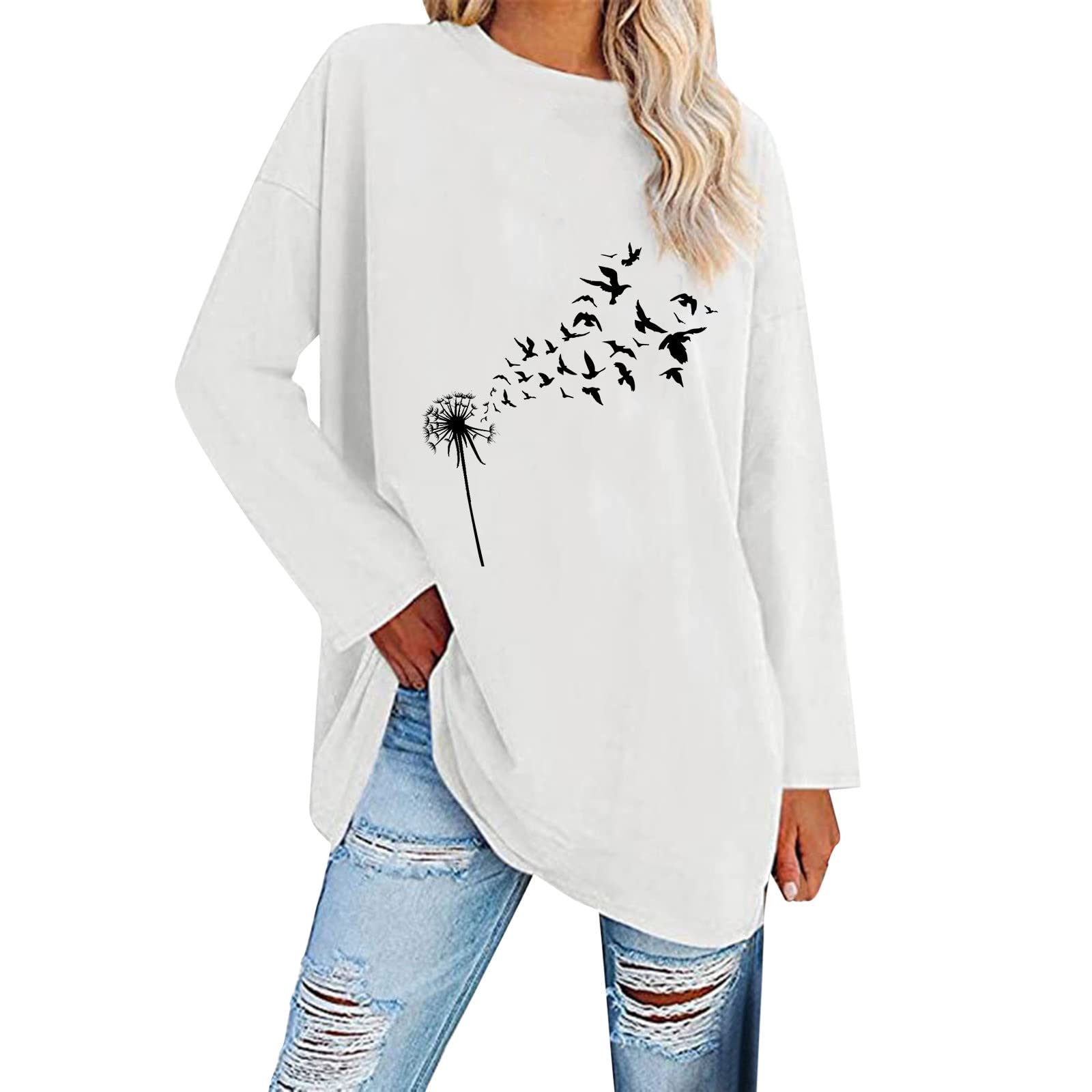 Women's Long Sleeve Casual T-Shirt - Solid Color Loose Fit Round Neck Tunic Top for Fall | Comfortable Everyday Wear & Layering Outfits
