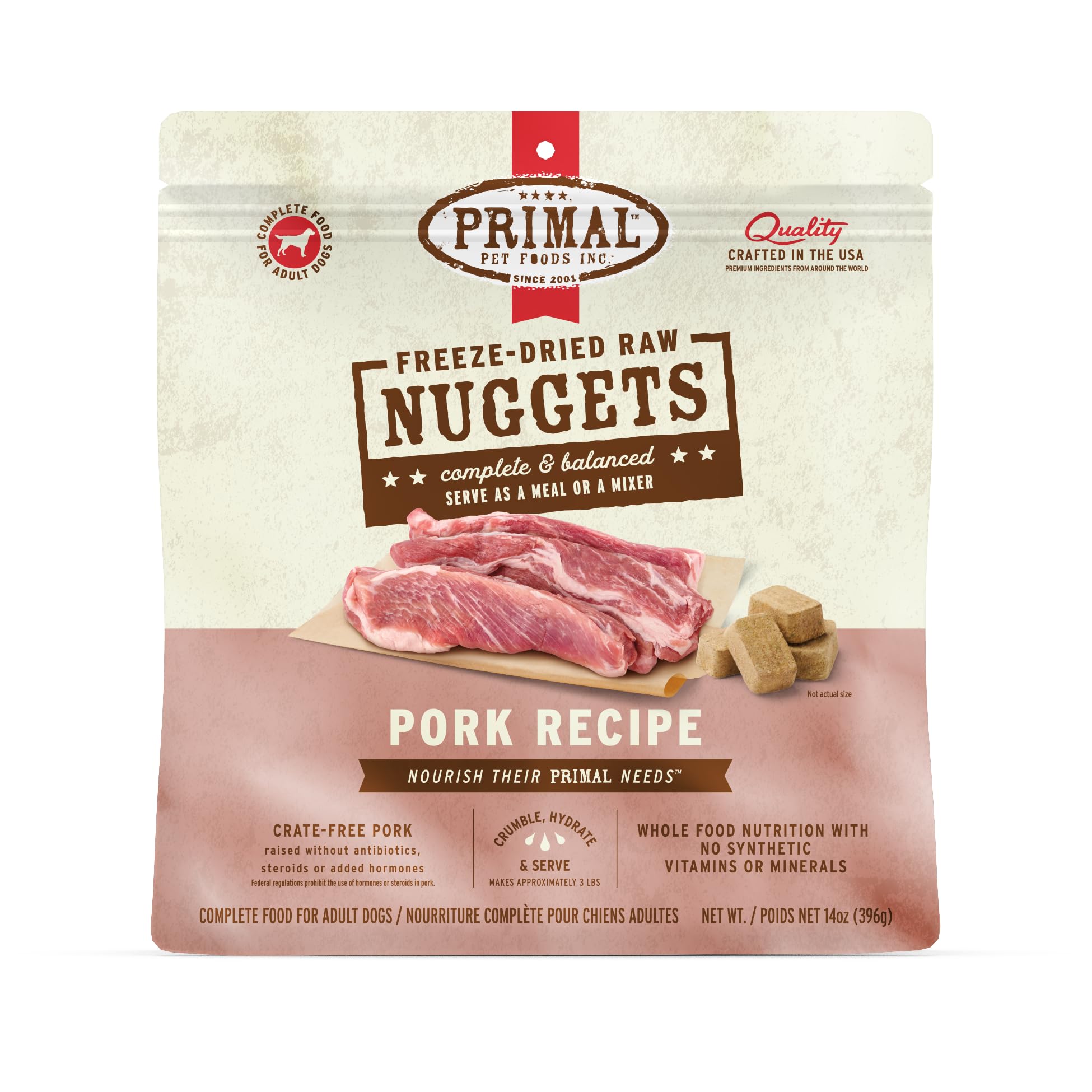 Primal Freeze Dried Raw Dog Food Nuggets - Pork Recipe | Grain Free, High Protein Complete Meal for Dogs | Perfect as Dog Food Topper or Training Treat | Healthy Raw Diet for Puppies & Adult Dogs | 14 oz Pack | Ideal for Active Dogs & Sensitive Stomachs