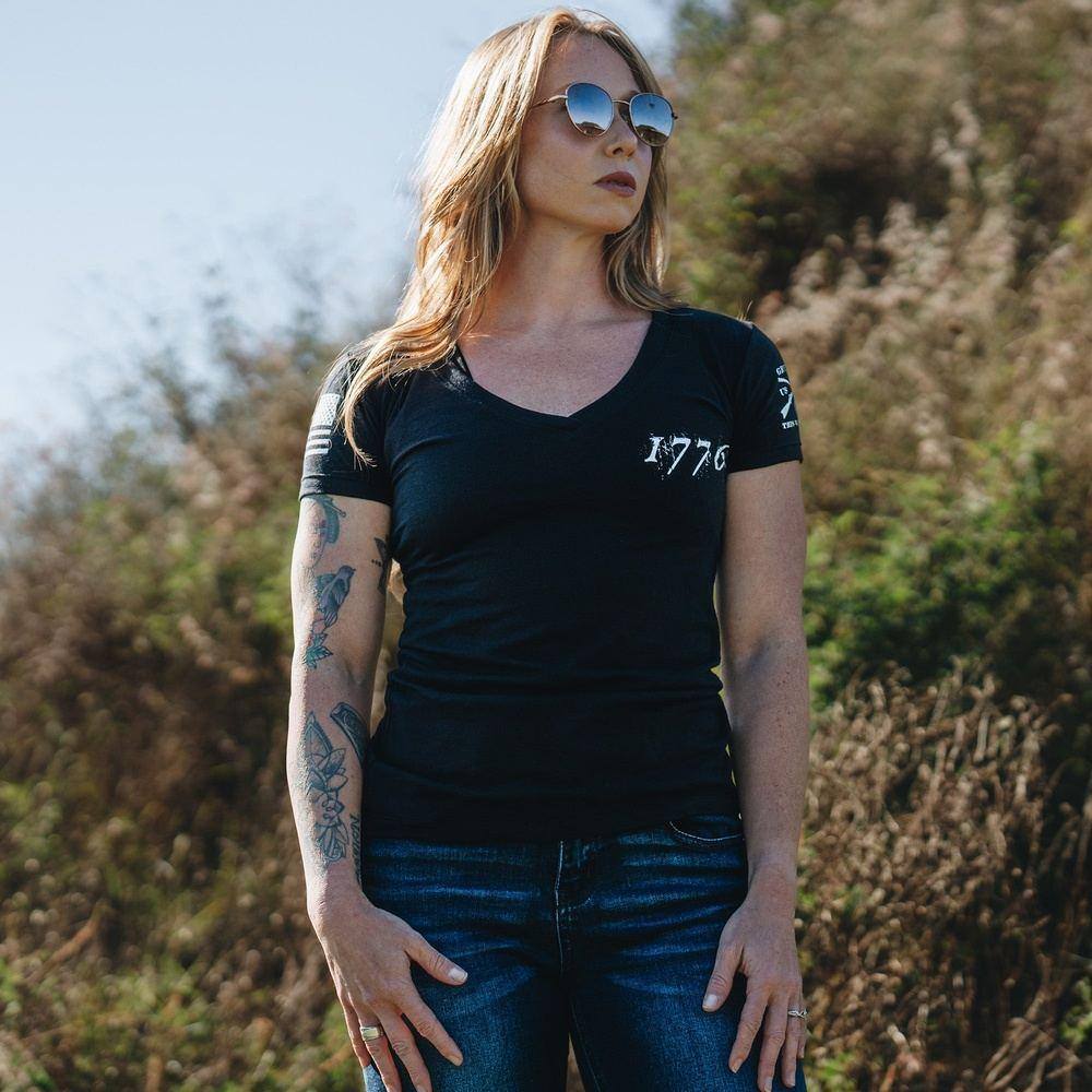 Patriotic Women's 1776 American Flag V-Neck T-Shirt - Black | Casual Wear, 4th of July Outfits, Independence Day Celebration