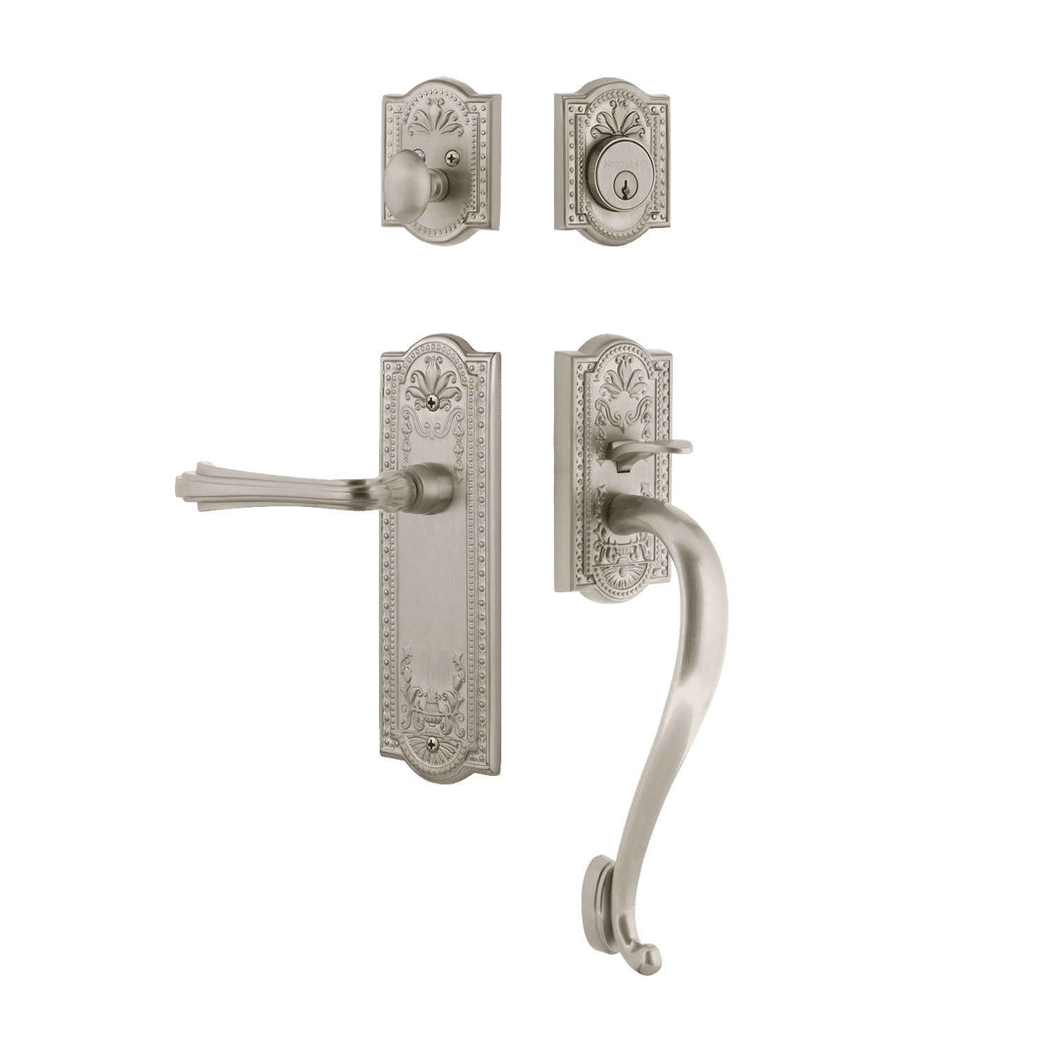 Premium Meadows Handleset with S Grip & Long Plate - Fleur Lever in Satin Nickel Finish | Durable & Stylish Entry Door Hardware for Home & Office Security