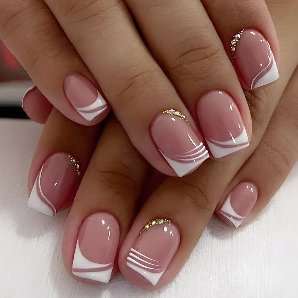 24pcs Press On Nails - Elegant Pink Gradient Glitter French Short Fake Nails, Coffin Shape Full Cover False Nails for Women | Perfect for Parties, Weddings & Everyday Wear