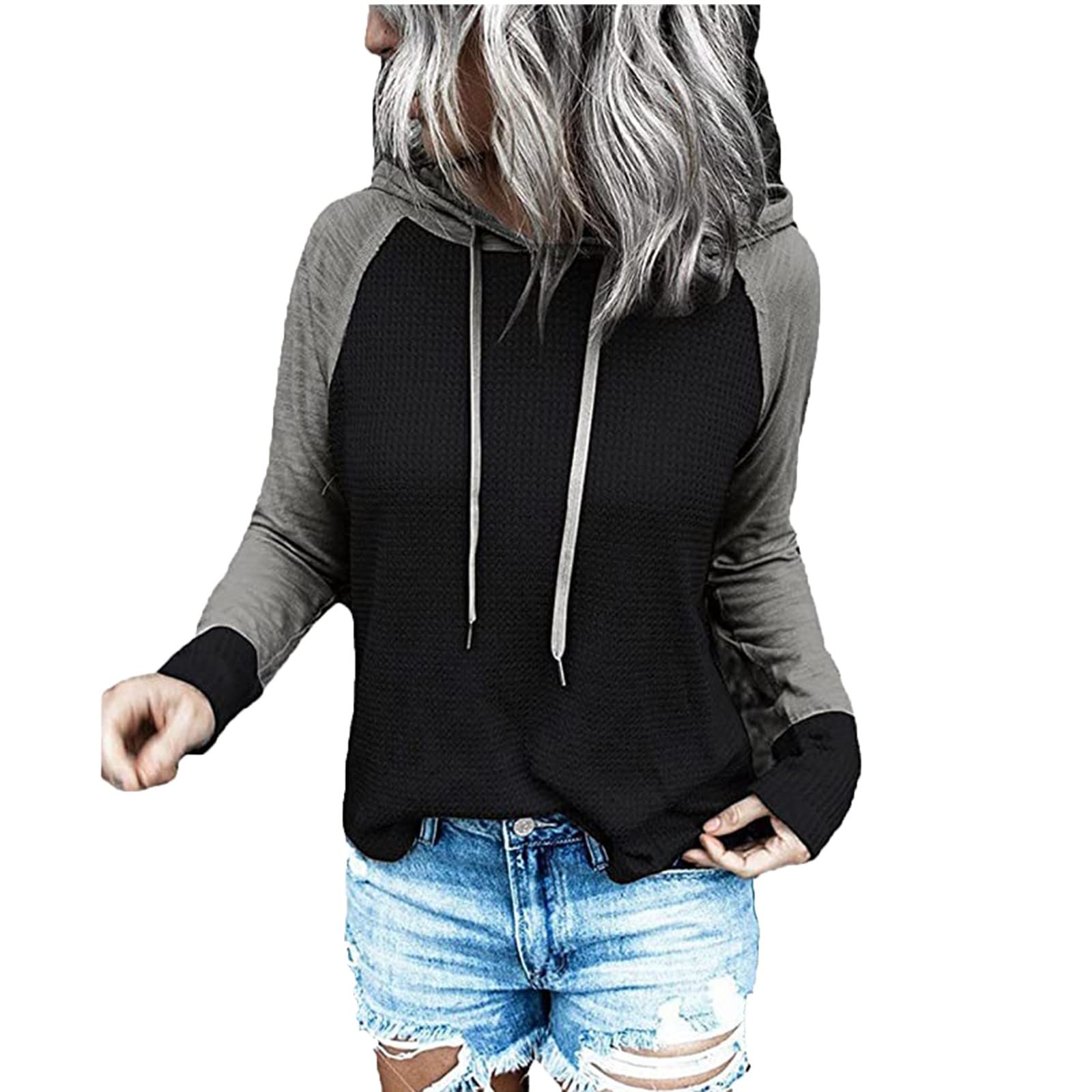 Women's Casual Waffle Knit Color Block Hooded Pullover Sweatshirt - Loose Fit Drawstring Tunic Blouse for Everyday Wear & Outdoor Activities