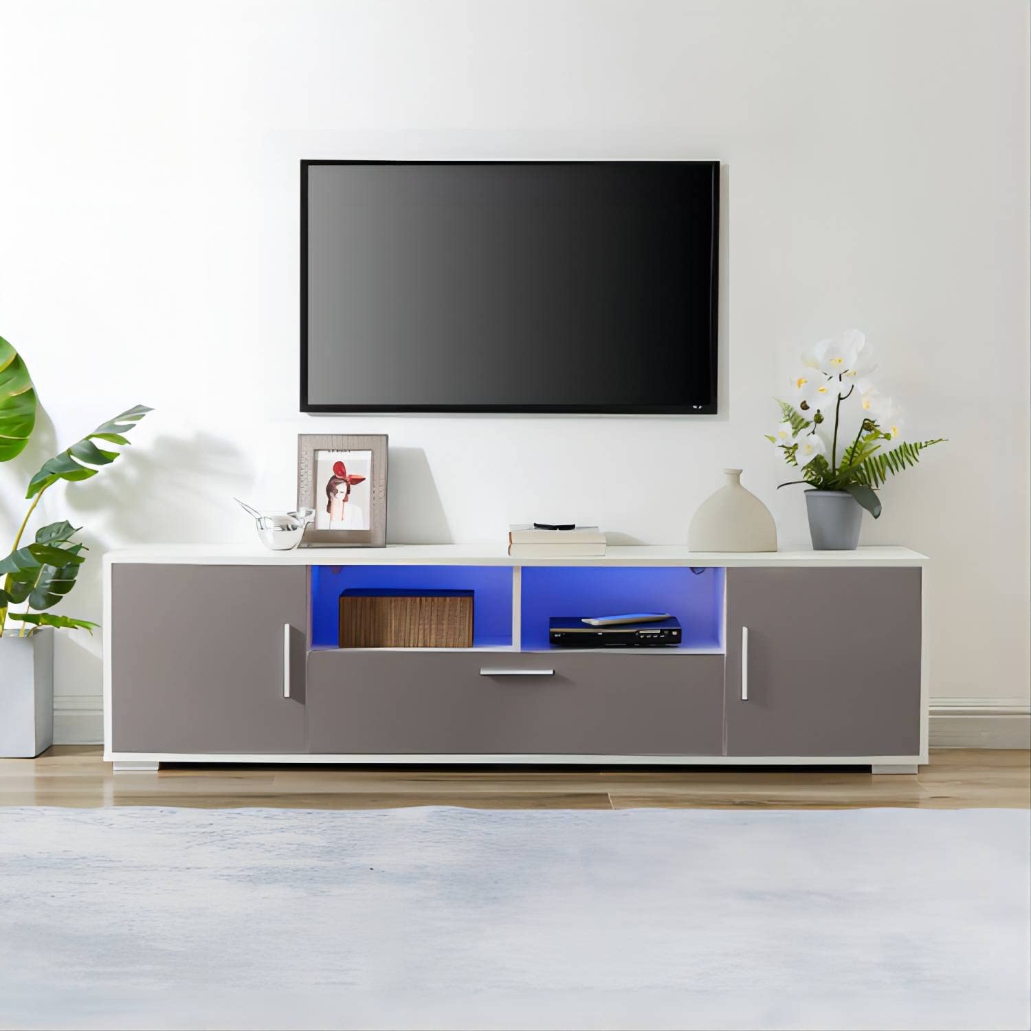 20-Minute Quick Assemble Modern TV Stand with LED Lights - High Glossy TV Cabinet for Living Room, Bedroom & Home Theater Setup