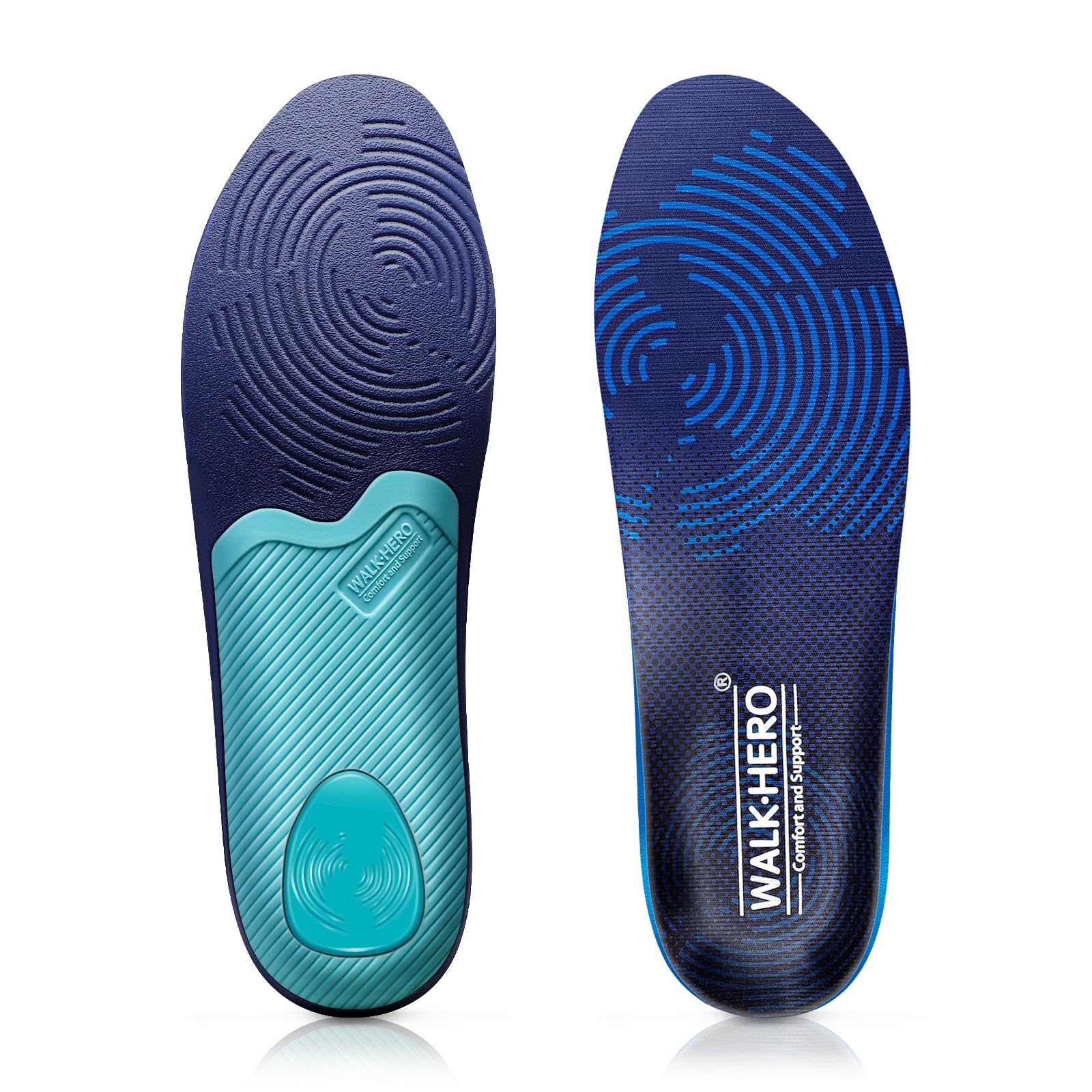 WALKHERO Medium Arch Support Insoles for Plantar Fasciitis Relief - Orthotic Shoe Inserts for Men & Women, Cushioned Foot Pain Relief & Shock Absorption (Blue, Men's Size 7-7.5) - Perfect for Running, Walking & Standing All Day
