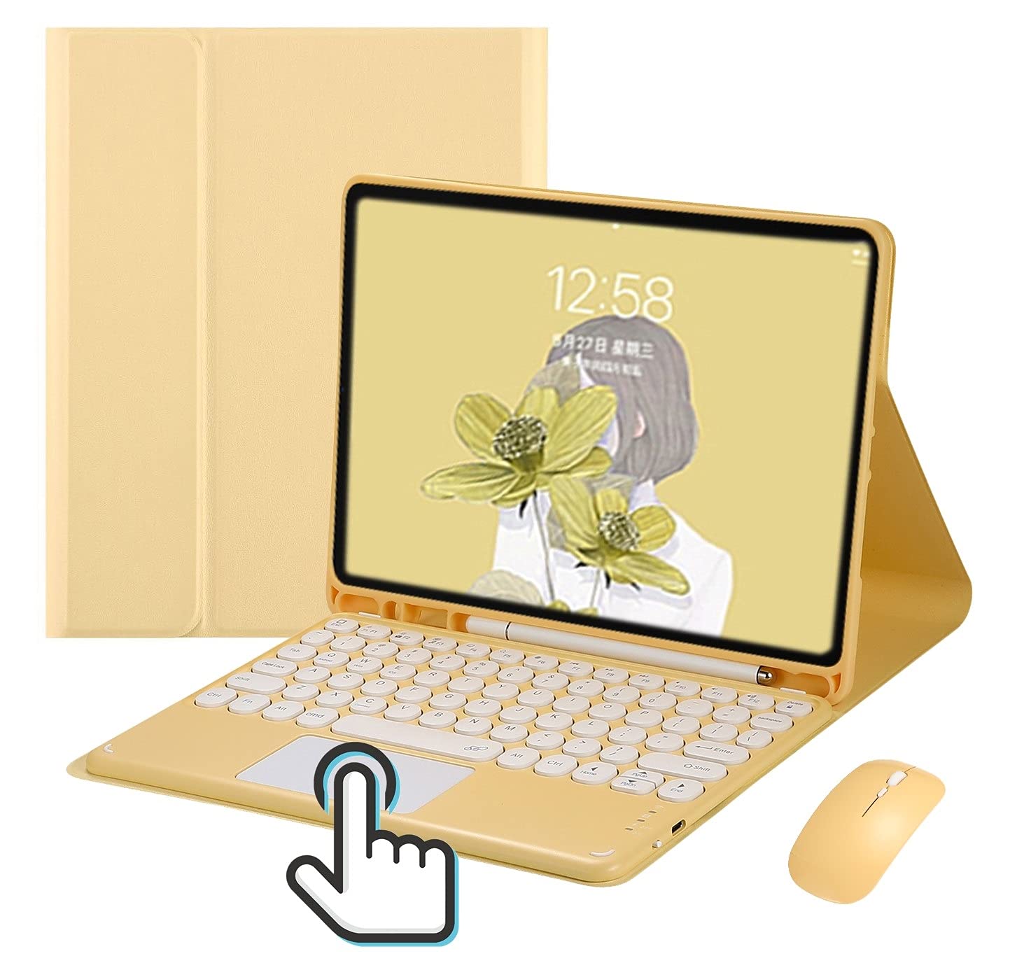 Apple iPad 6th/5th Gen, Air 2 & Pro 9.7-inch Retro Round Key Keyboard Case with Touchpad - Detachable Wireless Bluetooth Keyboard Cover in Cute Yellow Color - Perfect for Work, Study & Travel (Compatible with iPad 5/6, Air 2, Pro 9.7)