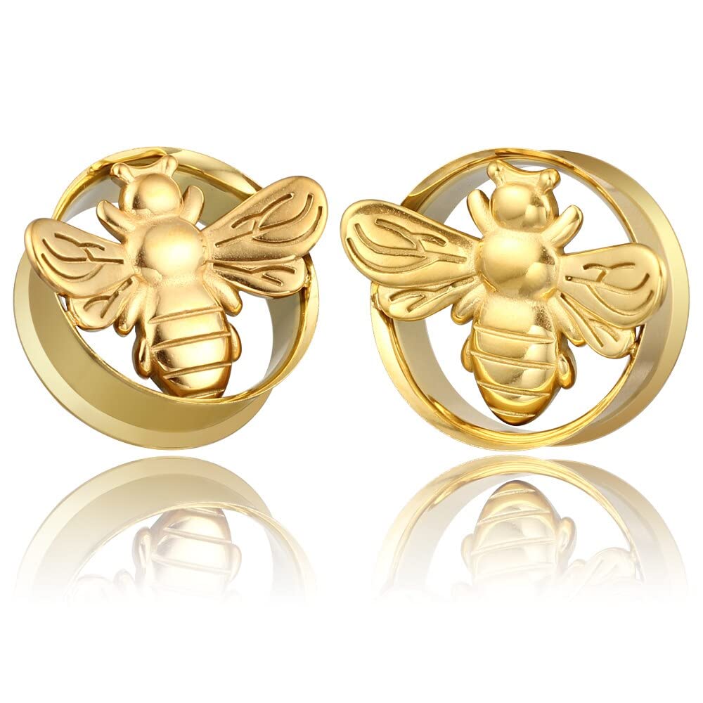 2 PCS Bee Ear Tunnels Plugs - 316L Stainless Steel Body Piercing Gauges for Women & Men (Gold & Silver) - Stretched Earlobe Jewelry for Everyday Wear & Alternative Fashion