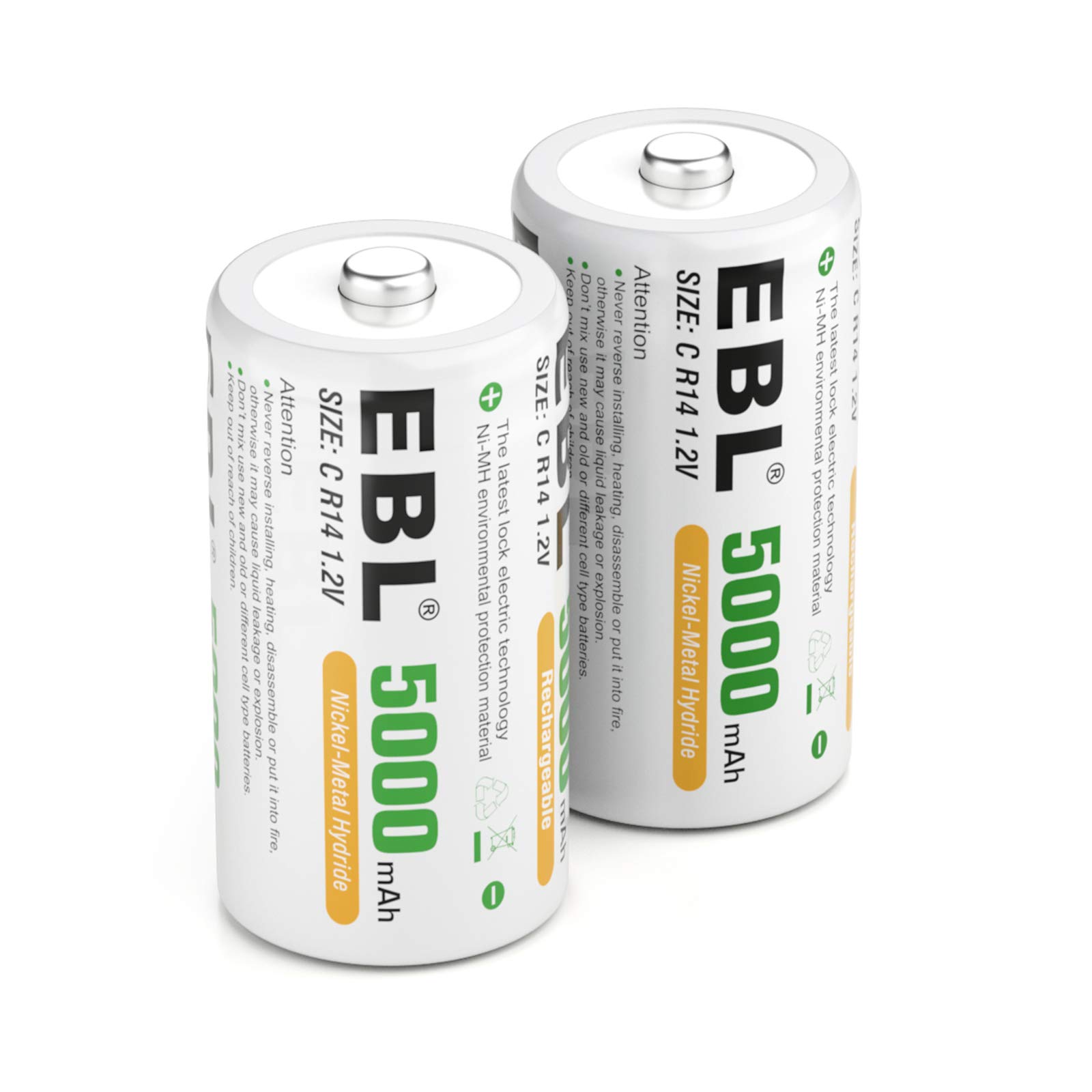 EBL 5000mAh C Size Ni-MH Rechargeable Batteries (2-Pack) - Long-Lasting Power for Flashlights, Toys, and Emergency Devices