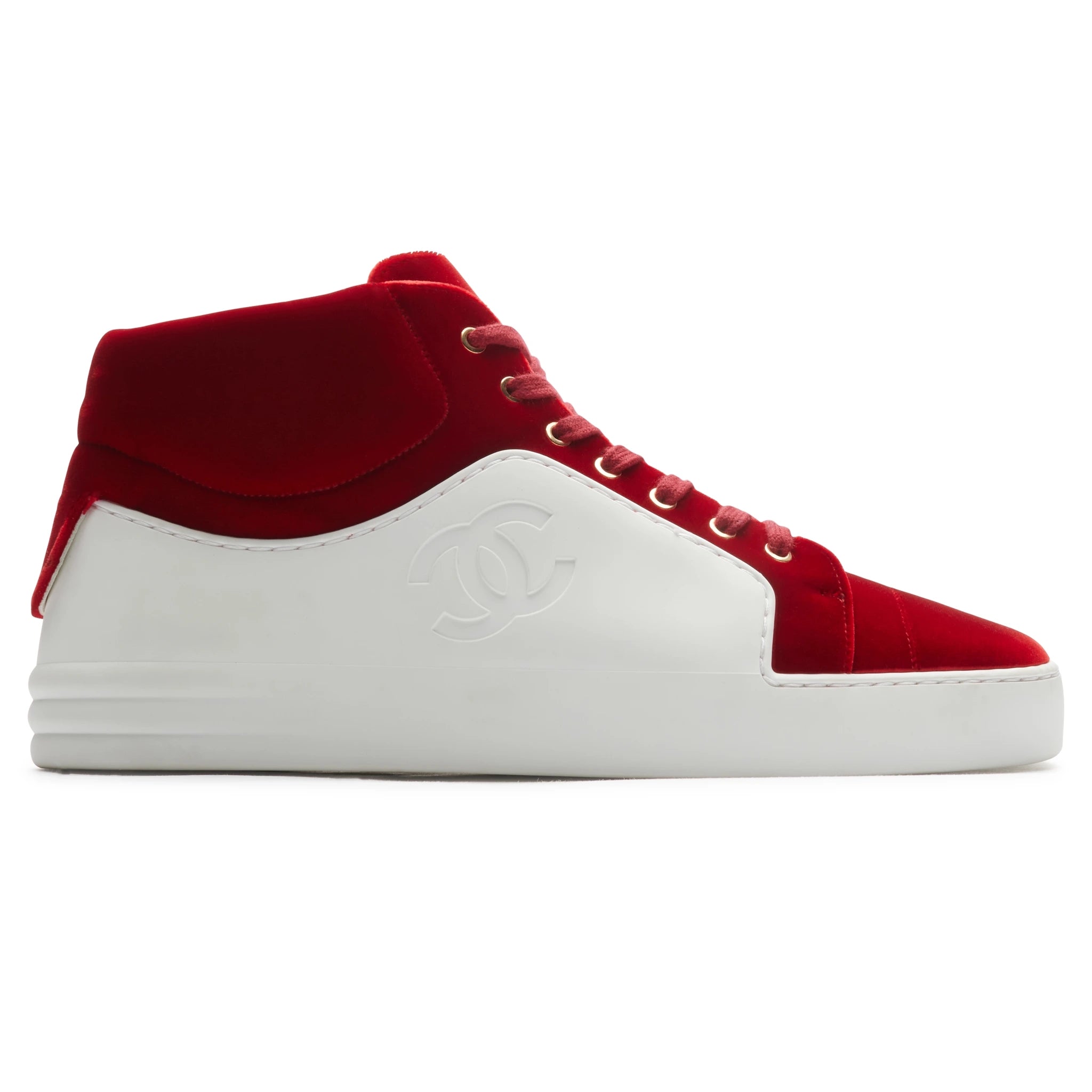 Chanel CC High White Red Velvet Sneakers - Authentic Preloved Luxury Shoes for Women | Perfect for Casual Outfits, Date Nights & Fashion Events