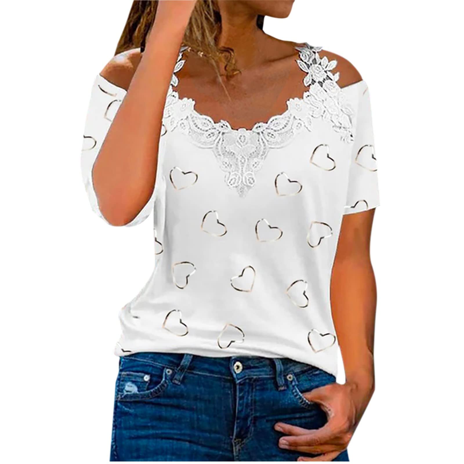 Women's Off Shoulder Lace Top Floral Print Patchwork White Shirt - Y2K Style Short Sleeve T-Shirt for Summer Casual Wear, Date Night & Music Festivals