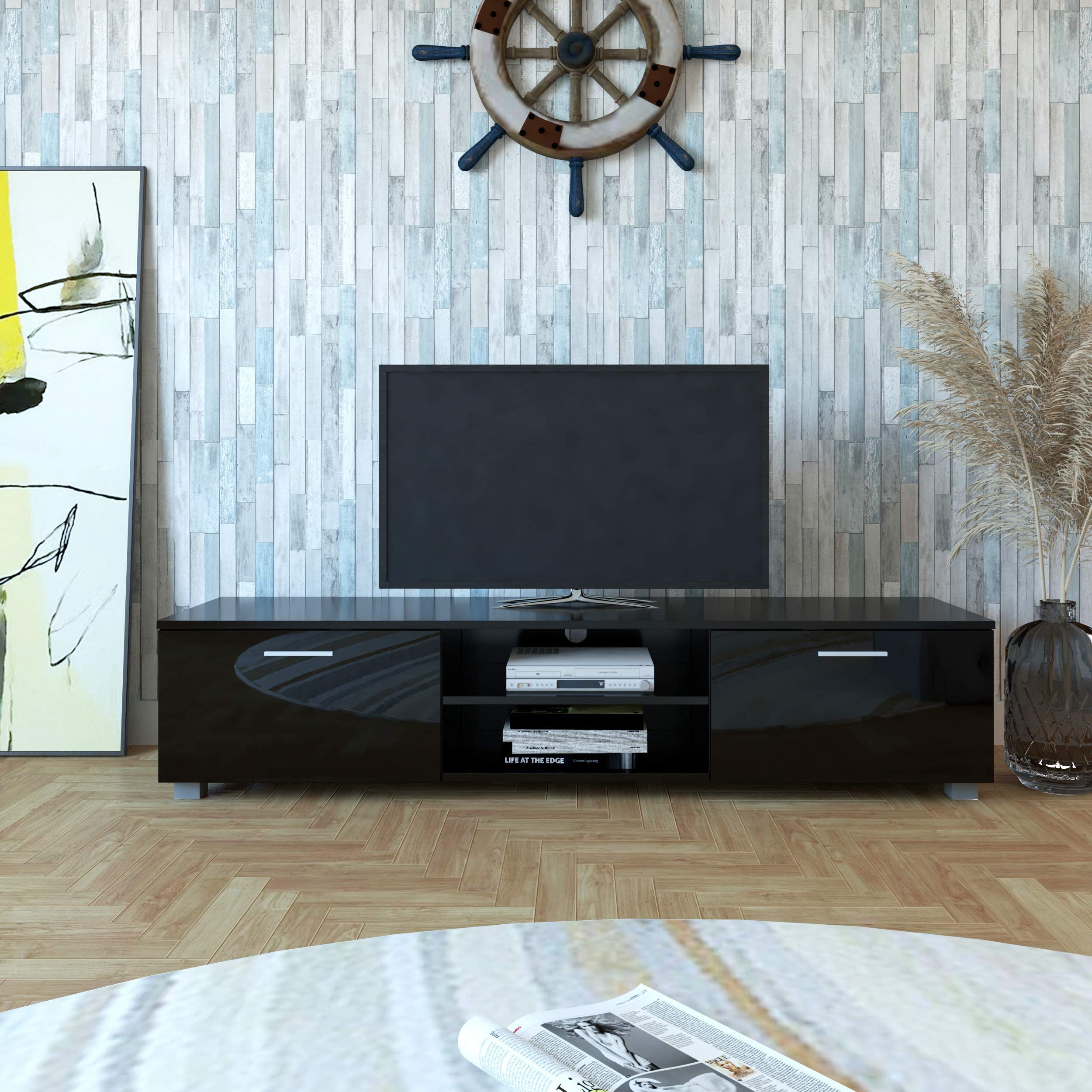 DMAITH Wood TV Stand with 2 Storage Cabinets & Open Shelves - High Gloss Entertainment Center Media Console for 70 Inch TVs - Perfect for Living Room, Bedroom & Home Theater Setup