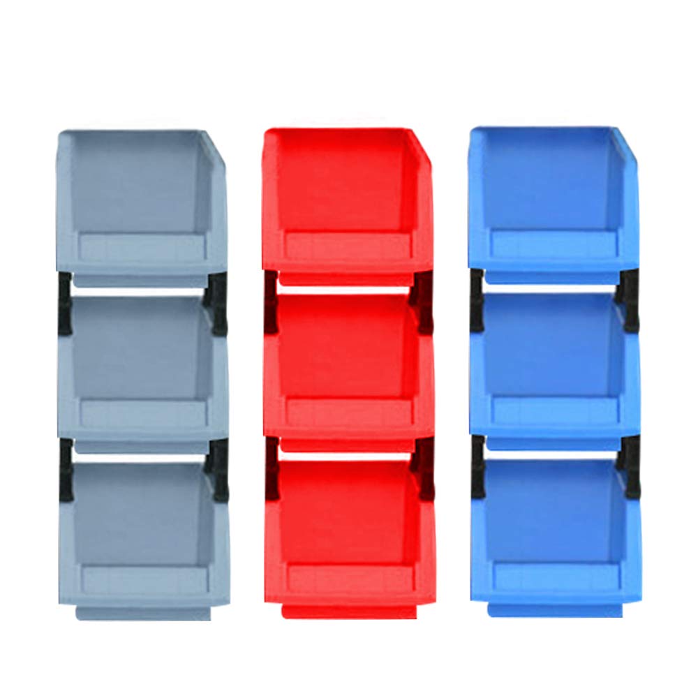 XFentech 9-Piece Plastic Storage Boxes Set - Stackable Organizer Bins in Blue, Red & Grey for Home, Office & Garage Organization - Durable Multi-Purpose Storage Containers