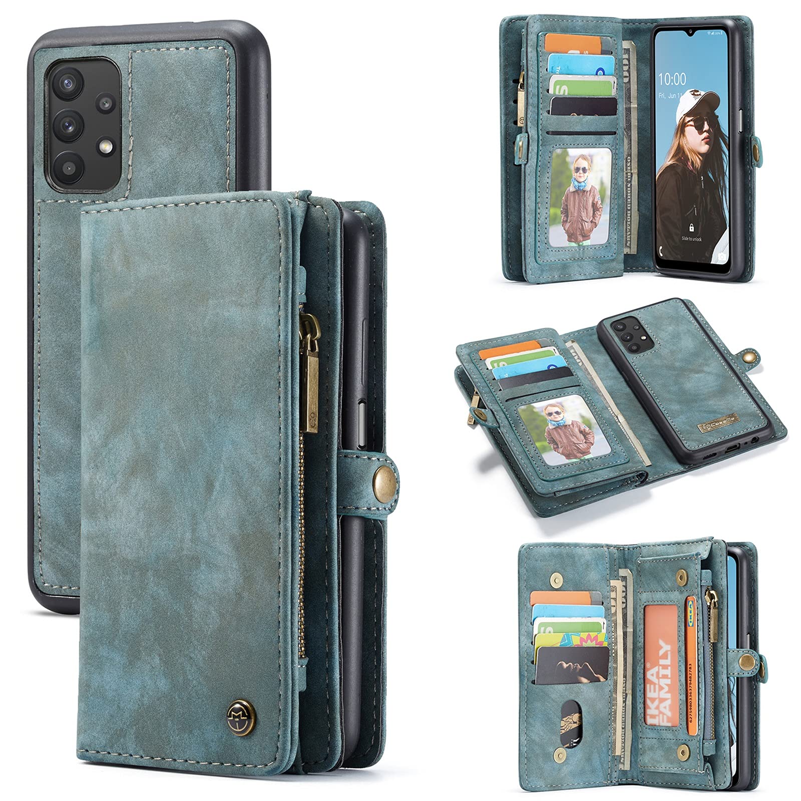 Premium Leather Flip Wallet Case for Samsung Galaxy A32 5G - Magnetic Detachable Zipper Phone Cover with 11 Card Slots, Shockproof TPU+PC Protection | Perfect for Business, Travel & Everyday Use